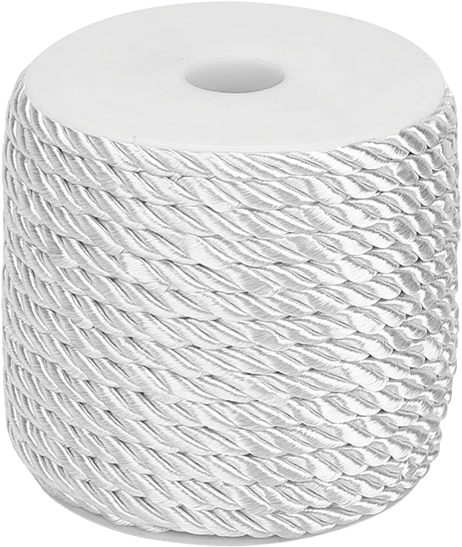 59 Feet Twine Cord Rope 5mm Twist Cord 3 Braided Decorative Rope Cords Satin Silk Thread for Handfasting Home Decor Upholstery Curtain Tieback Graduation Honor Cords, White