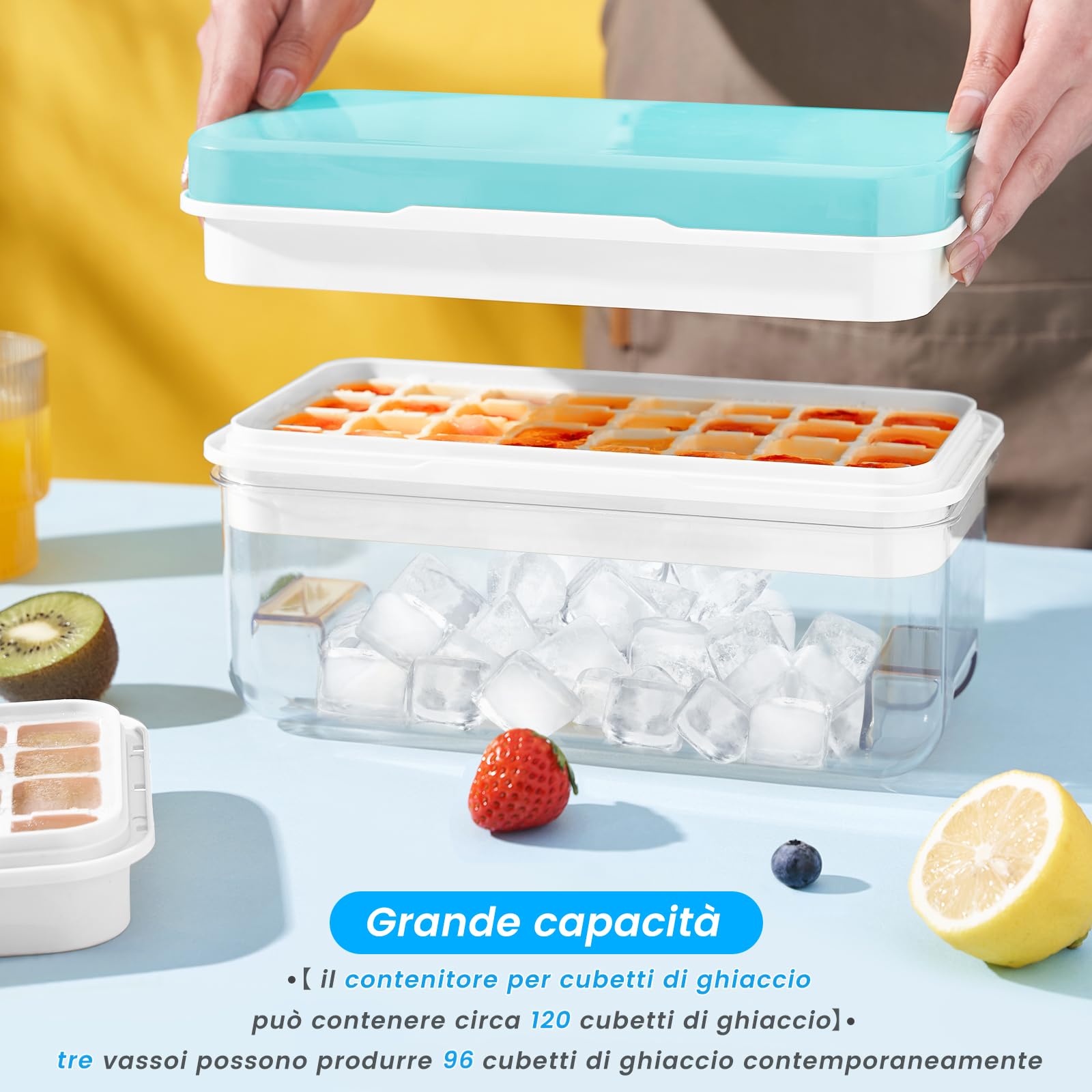 Stampo Ghiaccio, Stampo Ghiaccio Con Coperchio, 96 Cubetti Di Ghiaccio, Con 3 Vassoio, Rilascio Facile Con Pressione, A Prova Di Perdite, Per Raffreddare Cocktail, Whisky, Caffè, Blu