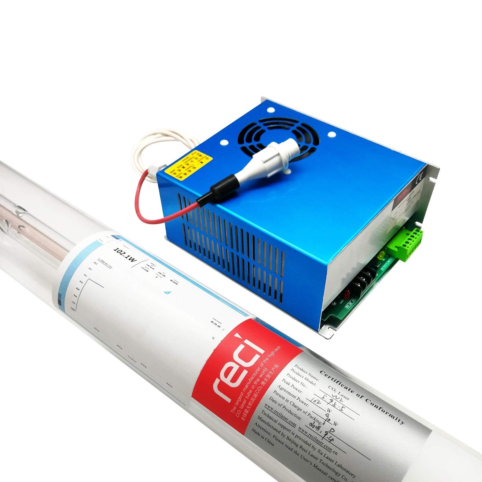 MCWlaser RECI CO2 Laser Tube 90W (Peak 100W) 1240mm W2/S2 and DY13 Power supply for Laser Engraving & Cutting machine