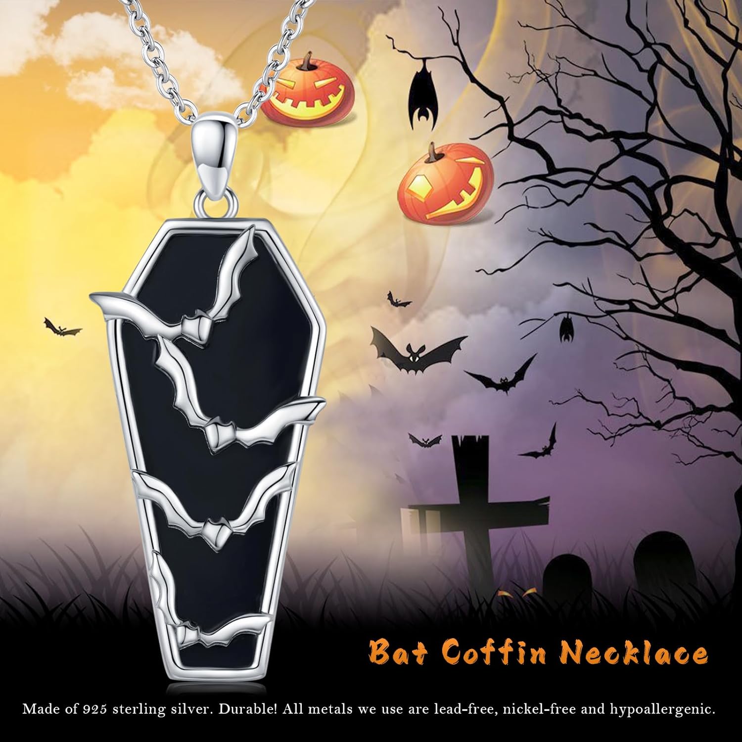 Gothic Bat/Black Cat/Skeleton/Snake/Raven Necklace for Women 925 Sterling Silver Black Onyx Tree of Life Pendant Necklace Goth Jewelry Halloween Christmas Birthday Gifts - Image 7