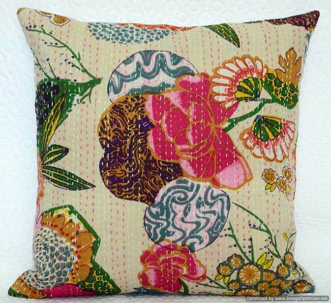Estationeryhouse Cream Hand Stitched Vintage Kantha Cushion Cover | Indian Cushion Cover | Boho Cushion | Throw Pillow (Cream)