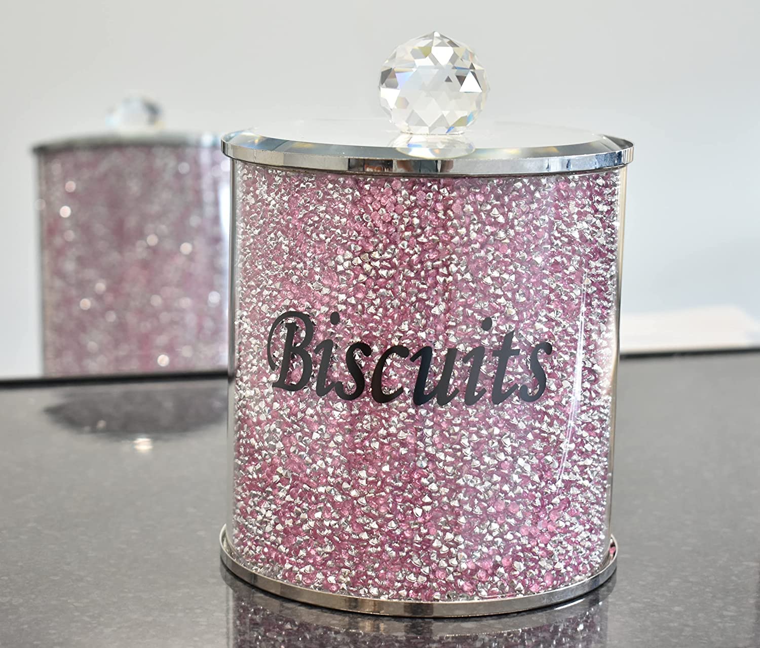 Biznest Pink Diamond Crushed Biscuit Canister Jar Tin Kitchen Storage Pink & Silver Crystal Display Gift Present