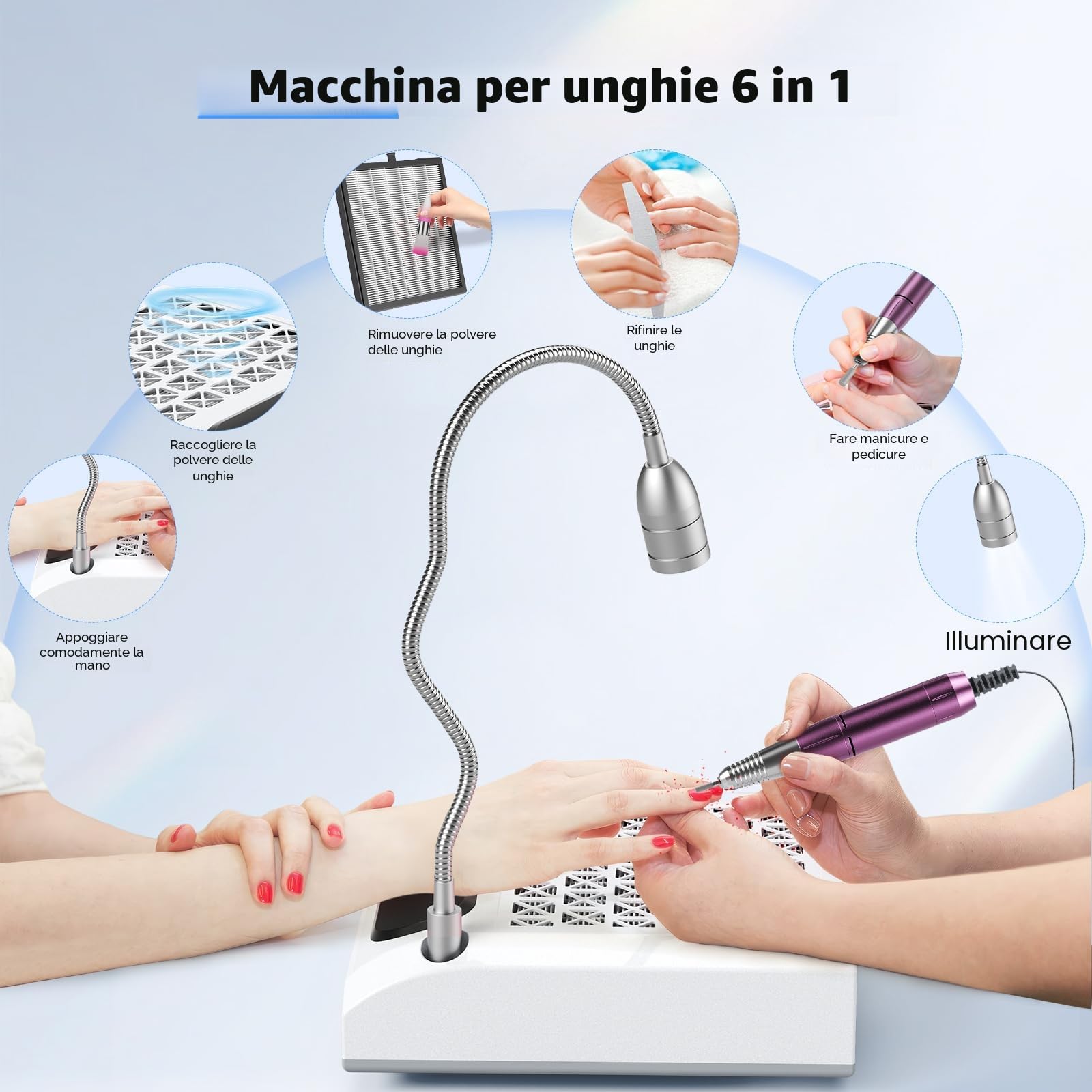 Fresa elettrica per unghie 4 in 1, aspiratore professionale per polvere da 30.000 giri/min, potente aspiratore da 80 W, luce LED girevole da 6 W, silenzioso, con 3 lime per salone (White)