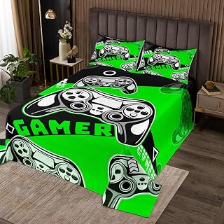Erosebridal Gamer Bedding Sets for Boys Girls Kids,Gamepad Gaming Bedspread Set Queen Size Modern Game Room Decor,Games Console Coverlet Set Green Black Bedroom Decor with 2 Pillow Shams