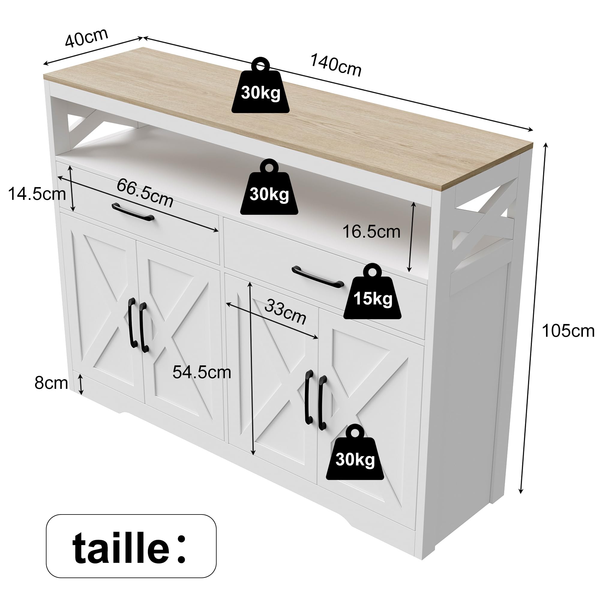 Commode Buffet 4 Portes 2 Tiroirs, Meuble Bas Élégant en Bois Blanc, Parfait pour Salon, Cuisine ou Couloir, 140x40x105 cm