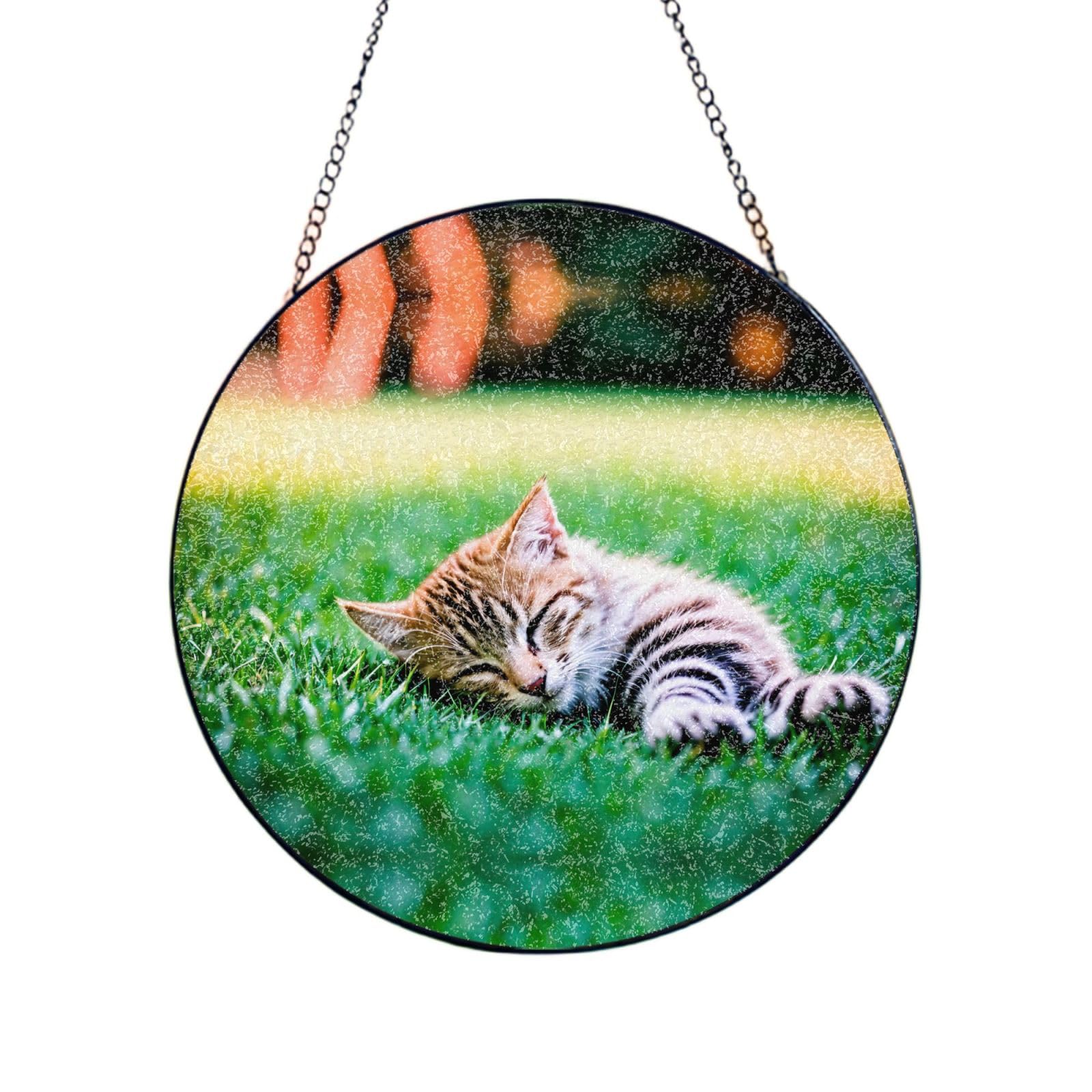 Poezjzw Stained Glass Window Hanging - Sleeping Kitten Sun Catcher For Door Garden Home Decor Christmas Mother'S Day Birthday Gifts 10in（25cm）