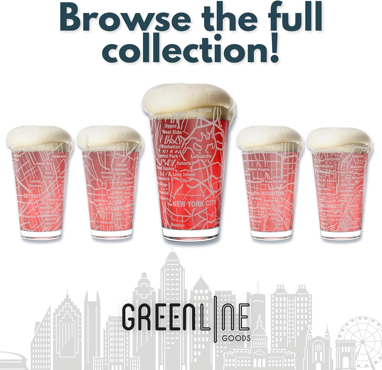 Greenline Goods – Atlanta, GA Map Pint Beer Glasses (Set of 2), 16 oz – Etched Wrap Design