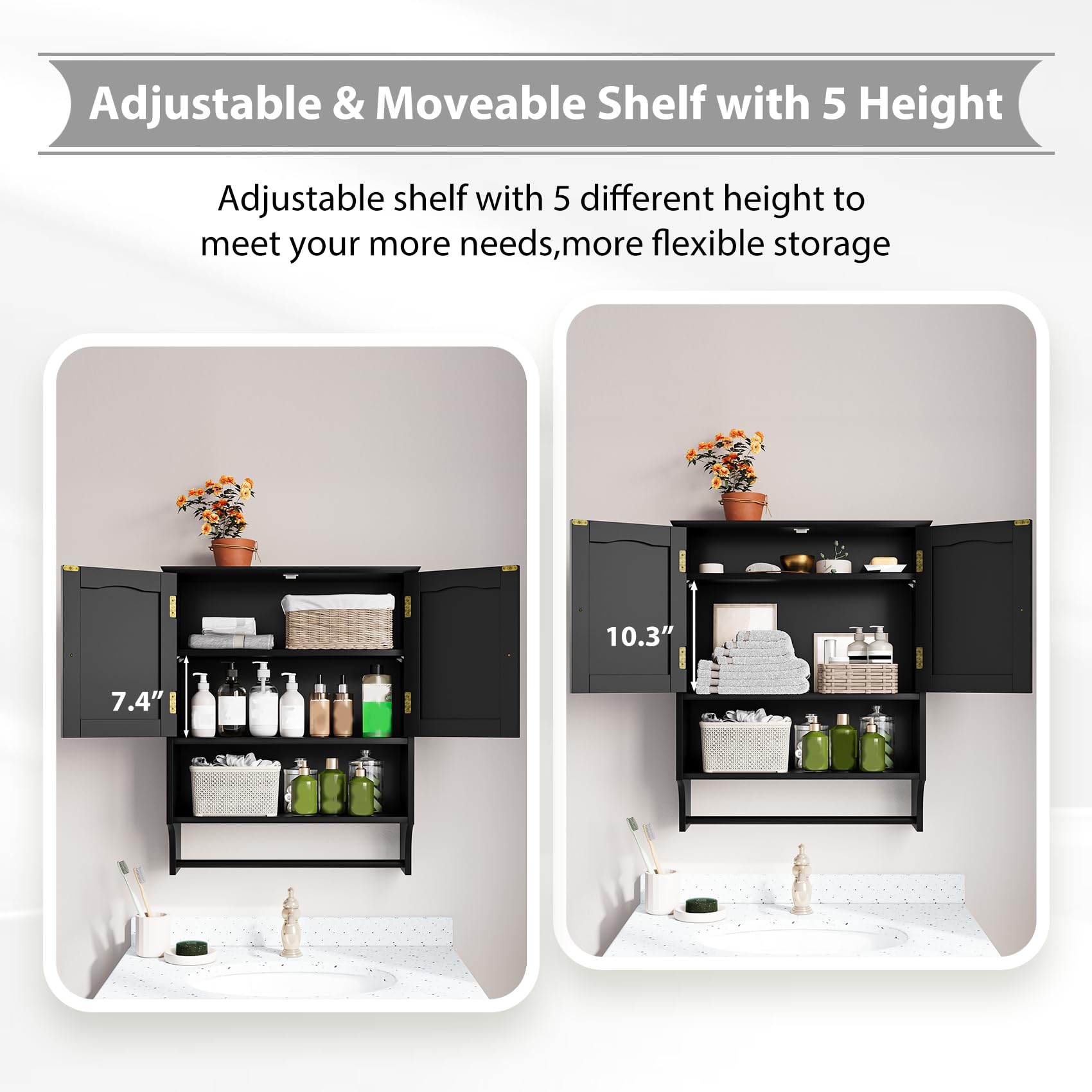 Badezimmer-Wandschrank Mit Scheunentüren – über WC, Verstellbares Regal, Schwarz