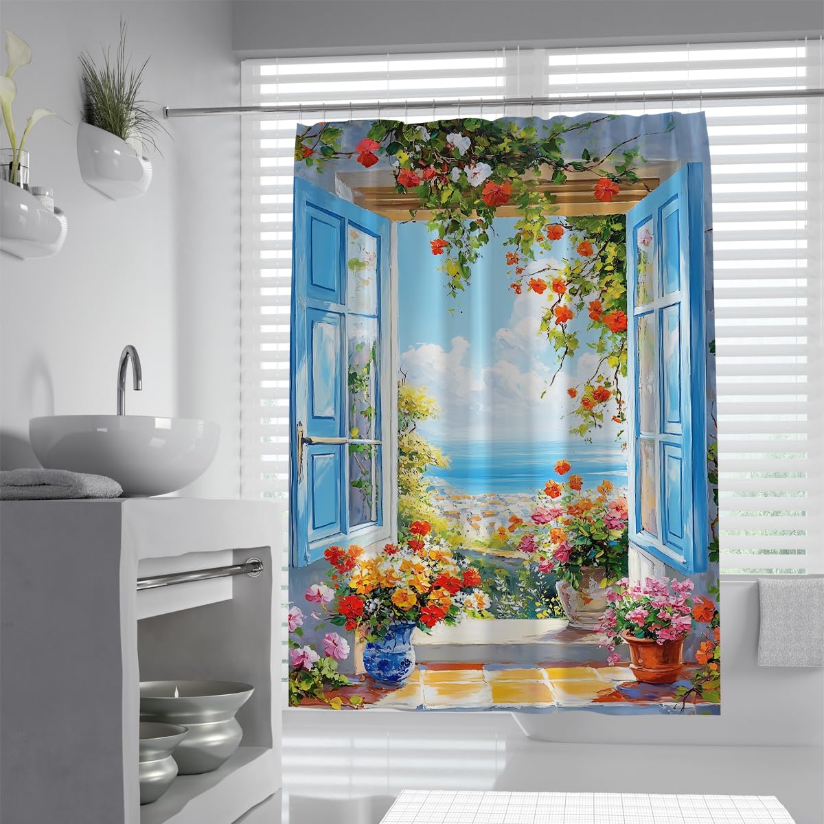UERWOWELL Vibrant Garden Window Sea View Shower Curtain Blooming Rose Vines Shower Curtain Mediterranean Style Bathroom Decor with Hooks Waterproof W180xL180 cm