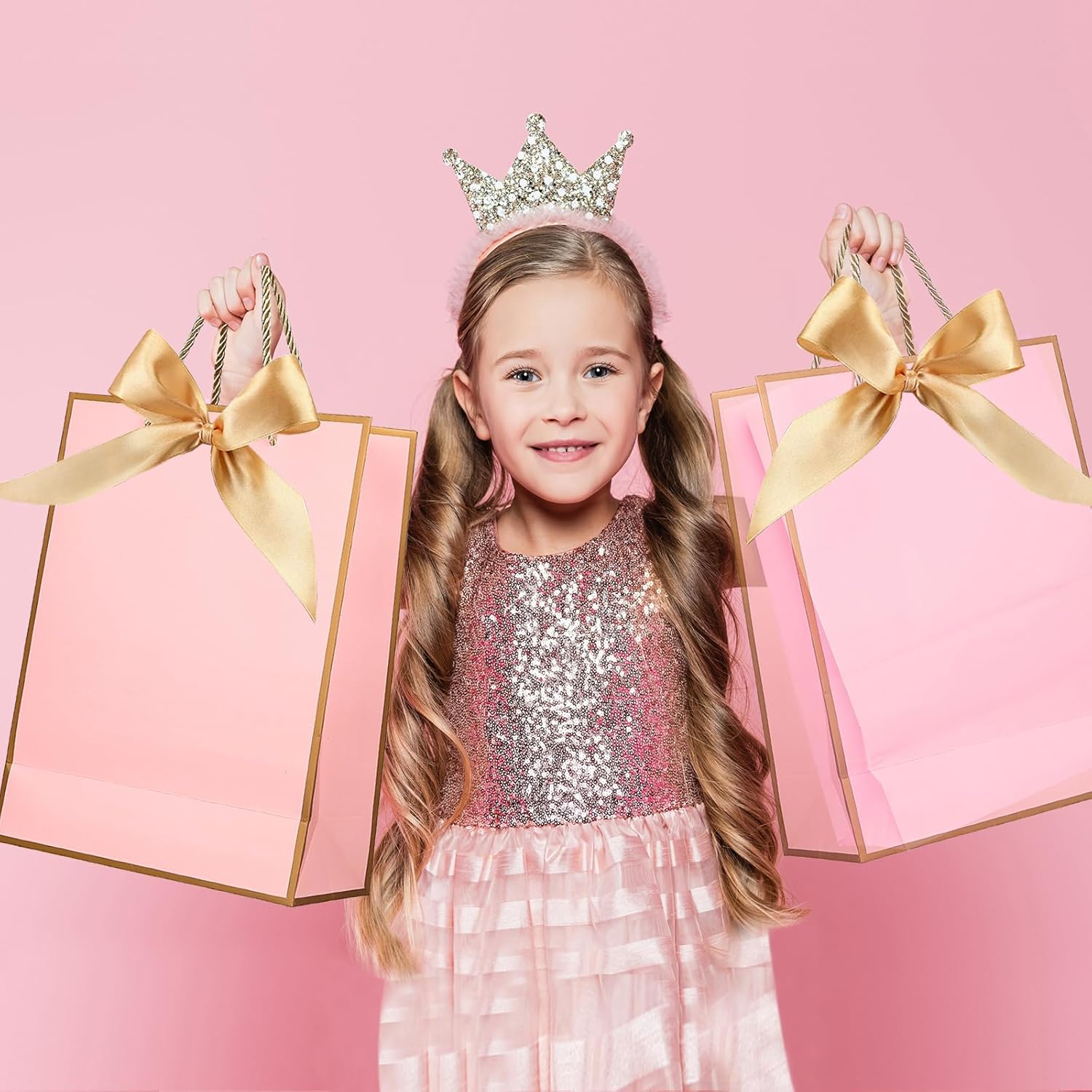 Gift Bags for Presents, 2 Pack Medium Paper Bags with Bow Ribbon Tissue Paper Cards Thank You Gift Bag with Handles for Christmas Holiday Birthday Shopping Bags(Pink,Gold) - Image 6