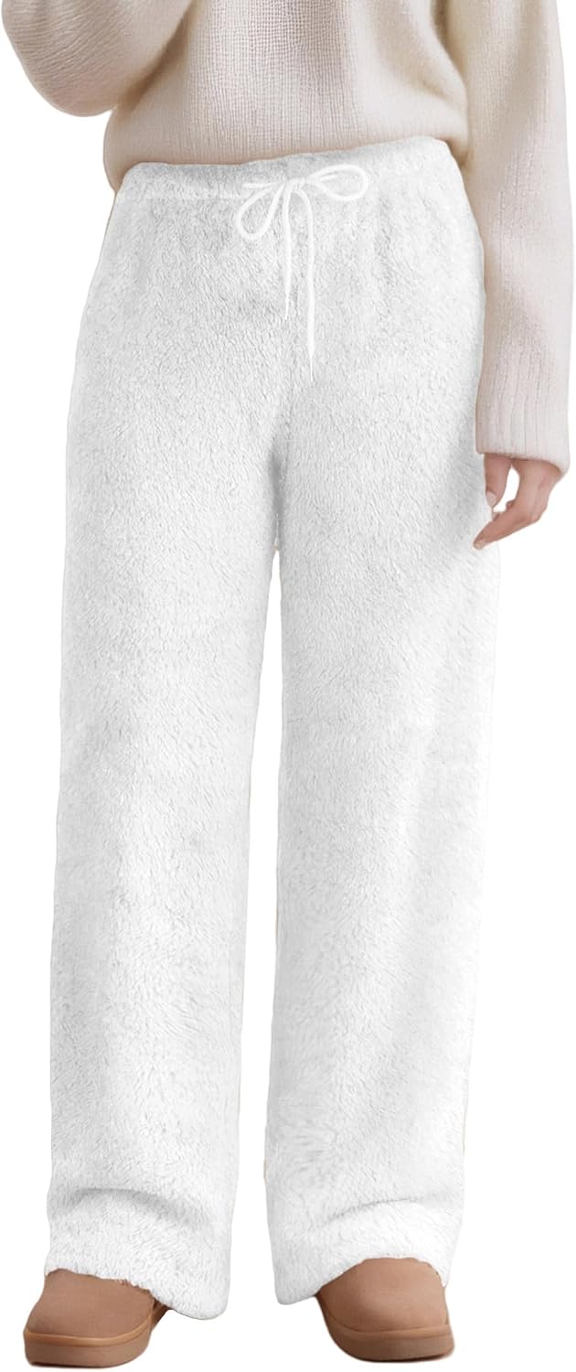 SEAUR Plush Pants for Women Fleece Pajamas Bottoms Drawstring Elastic Waist Wide Leg Pant Winter Lounge Pants Loose Trousers
