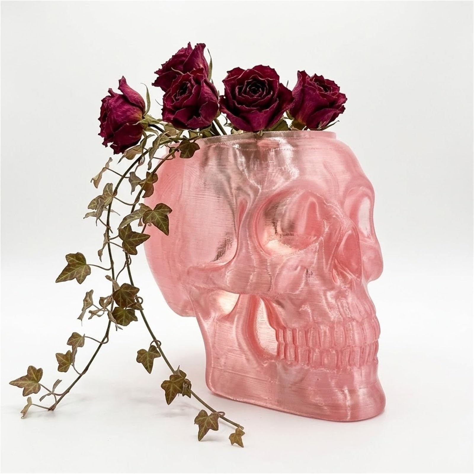 Thuchenyuc Pink Gothic Skull Wall Vase, Translucent Skeleton Head Flower Pot Planter