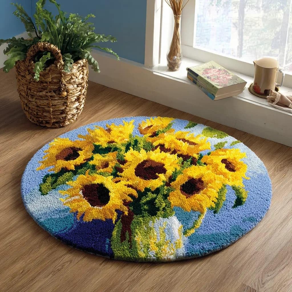 Wallustrioaw D Roun Latch Hook Rug Kits Sunflowers For Adults An Starter 50*50Cm