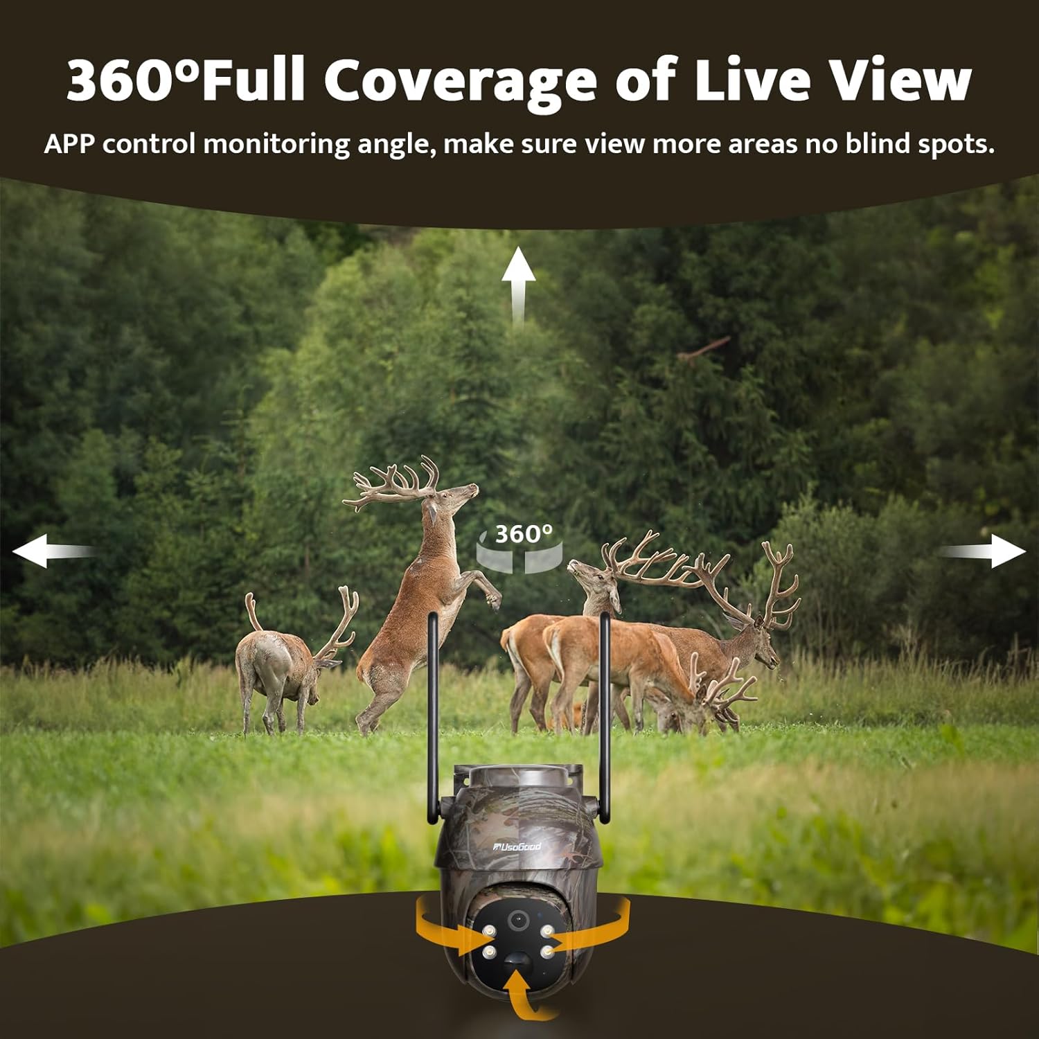 usogood Cellular Trail Cameras Live View Solar Powered, 360° Deer Cameras Game Cameras That Send Pictures to Cell Phone, Night Vision, Motion Activated, IP66 Waterproof, Include SIM Card (Only in US)