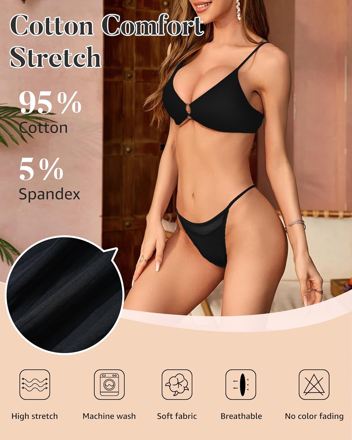 LEVAO Cotton Underwear for Women Sexy String Bikini Lace Cut Out Panties Stretch Ladies Cheeky Briefs 6 Pack S-XL - Image 3