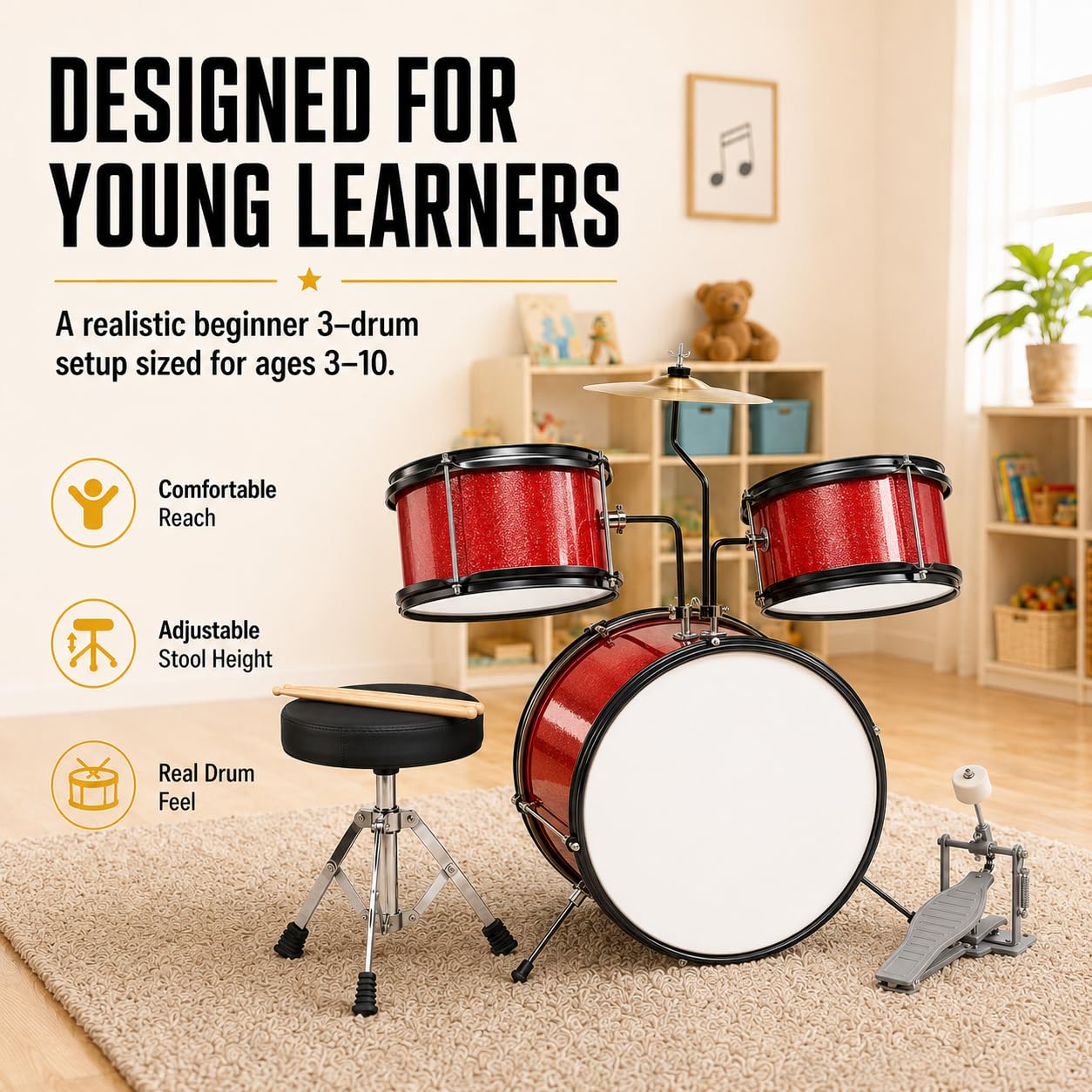 35.6 cm Kids Drum Set, 3-teiliges Junior Anfänger Schlagzeug Set für Kinder mit Becken, verstellbarem Hocker, zwei Paar Drumsticks, Pedal & Schraubenschlüssel - Rot