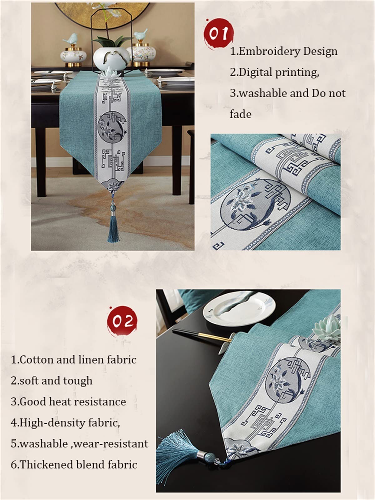 Elegante e lussuoso Runner da tavola in stile cinese Runner da tavola in cotone e lino Materiale con nappe Tovaglia da pranzo, strofinaccio, tovaglia, tovaglia Regali di festa ( Color : 1PCS-Color 15
