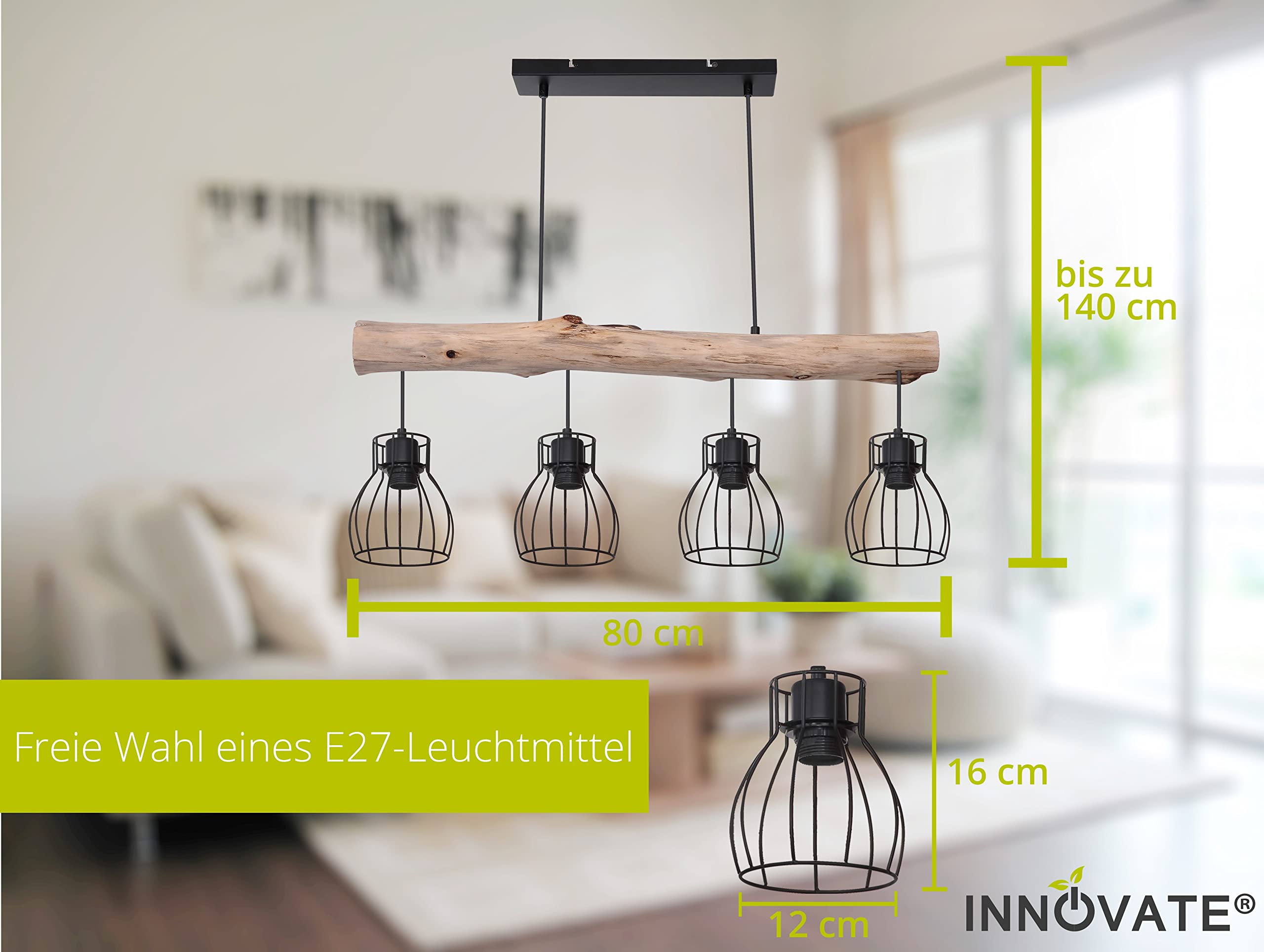 INNOVATE Pendelleuchte Holz 4 Gitterkörbe Rund – 80cm breite Hängelampe Vintage Holzbalken Rustikal – Aluminium Gitterkorb Pendellampe schwarz 4x E27 Fassung bis 40 Watt - Retro Hängeleuchte 140cm