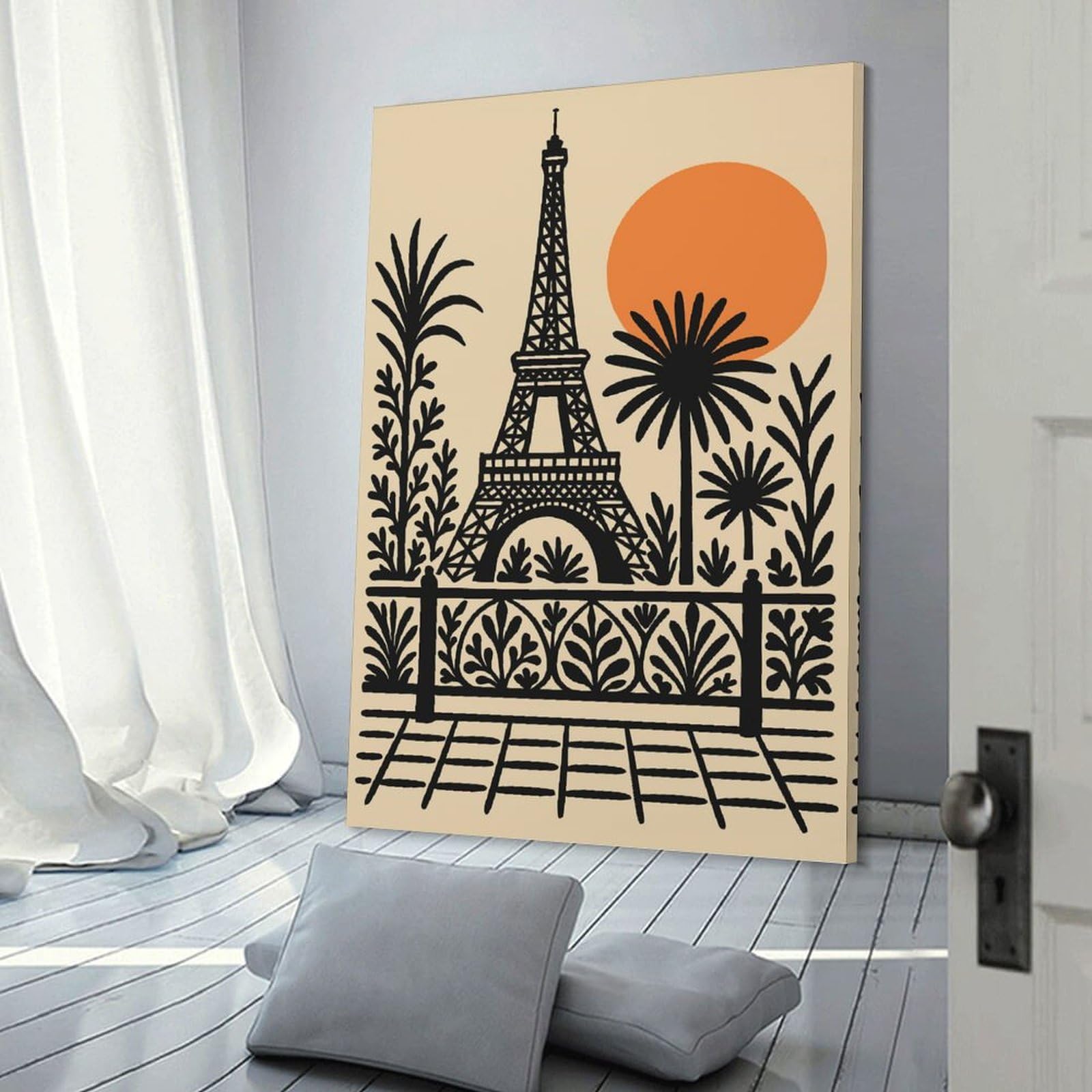 Junmoney Frame-Style-3 Eiffel Tower Illustration With Tropical Plants Decorative Wall Artwork, 24X36inch(60X90cm), For Study, Office Or Focused Interiors, A Smart Decor Choice For Study Walls