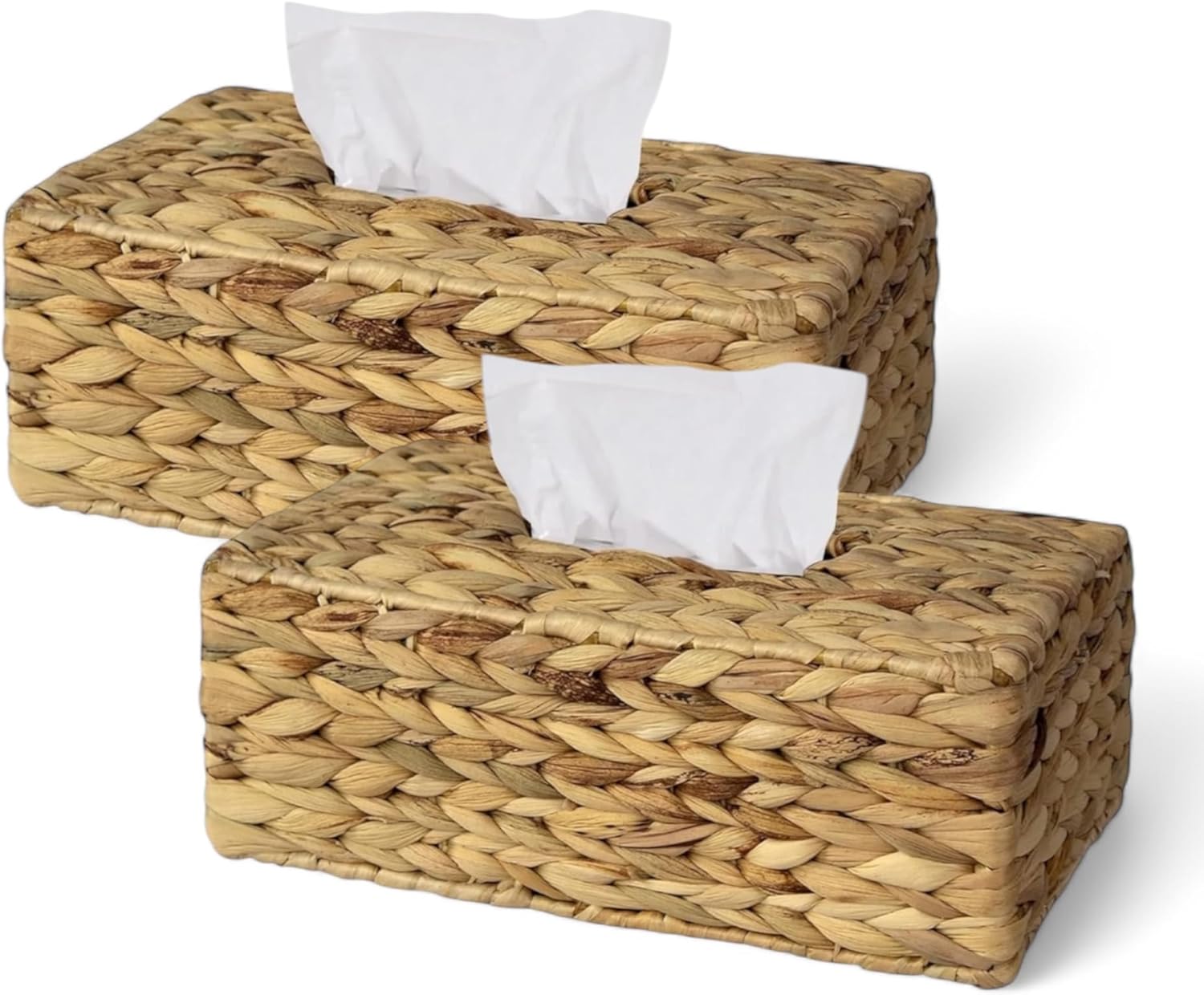Set 2 of pcs Water Hyacinth Hand Woven Rectangular Tissue Box Cover Holder | Rustic Wicker Straw Tissue Paper Box Napkin Dispenser Organizer for Kitchen, Bathroom and Office with a Free Tissue Box