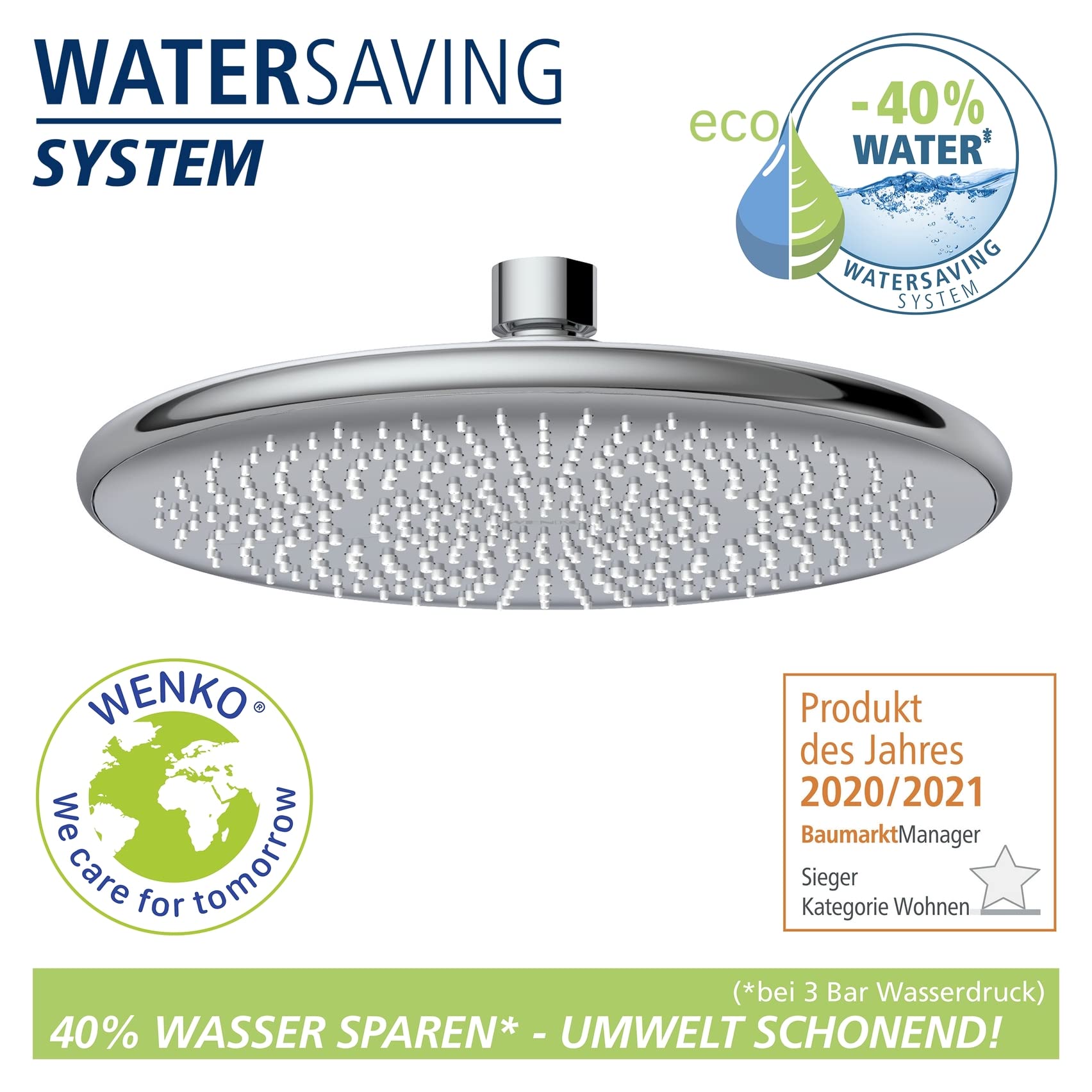 WENKO Wasserspar Regenduschkopf Watersaving, Kopfbrause mit Wasserspar-System, ABS, Chrom/Grau, rund, Ø 22,5 cm