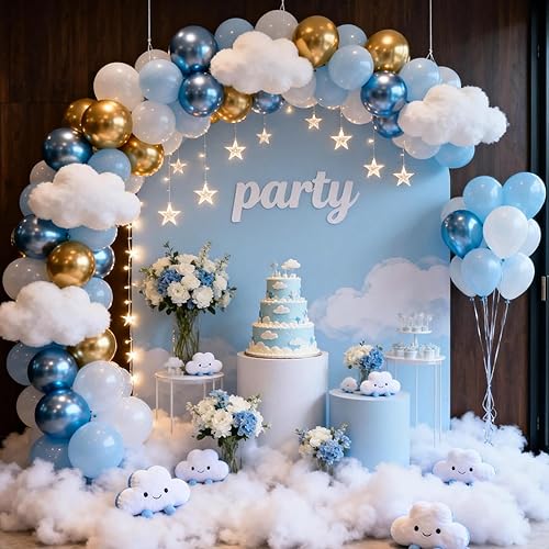 Vista 3 de Globos azules y dorados, 12 pulgadas, globos pastel azul bebé metálico, globos metálicos azules metálicos dorados y blancos de látex para cumpleaños