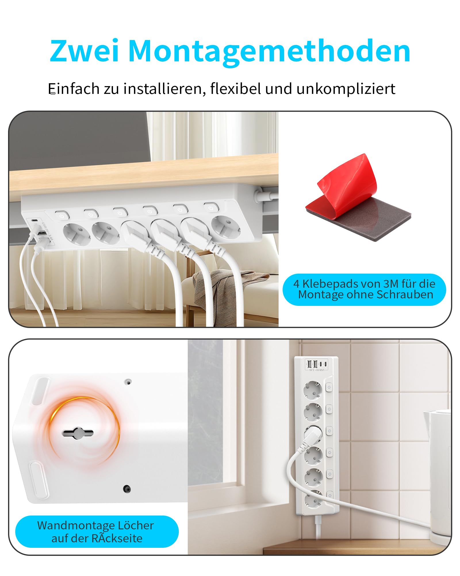 Ciabatta elettrica angolare con protezione da sovratensione, con USB C, 6 prese, presa multipla da tavolo con cavo da 2 m (3680 W, 16 A), montaggio a parete, per cucina, casa, ufficio