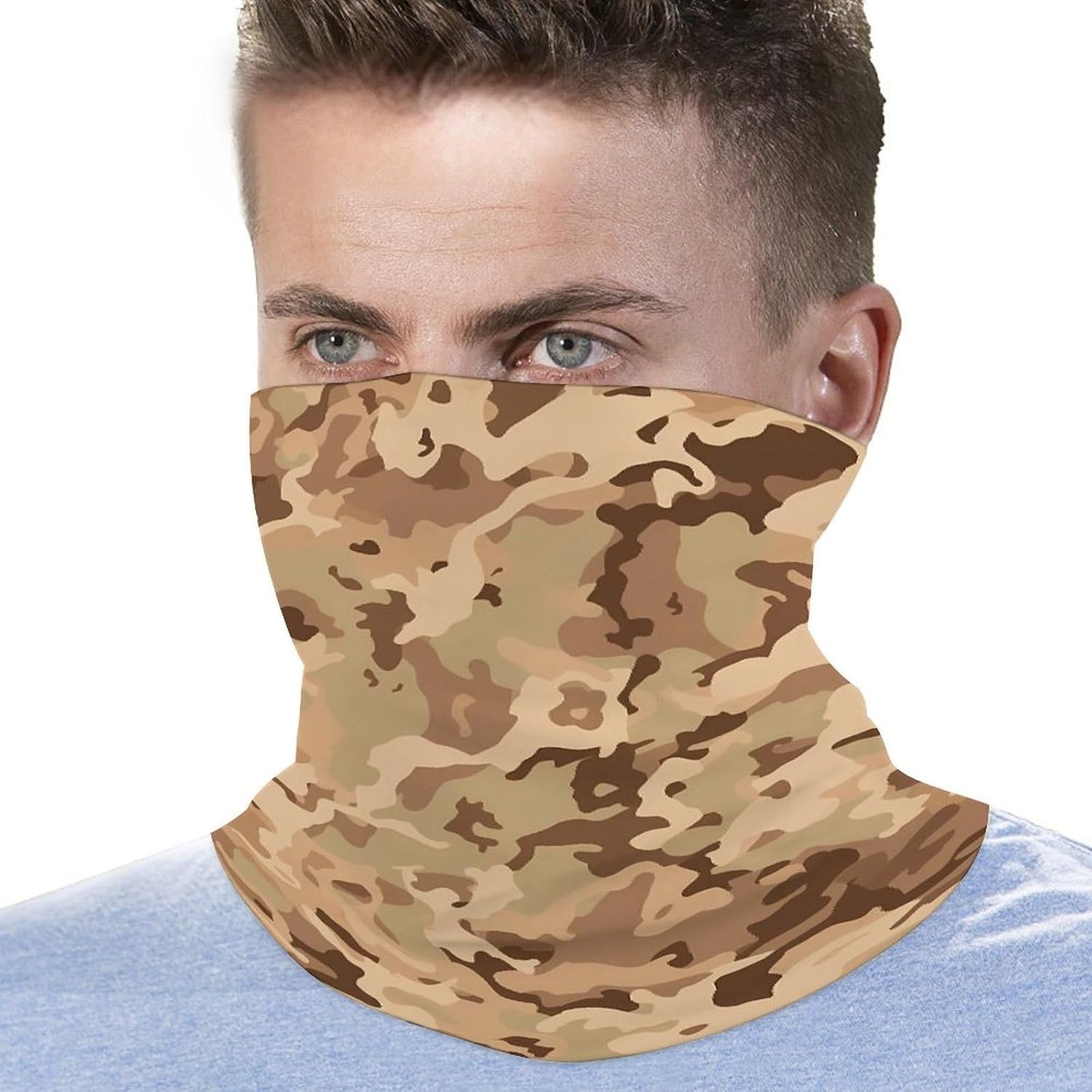 Multi-Use Double Sided Desert Camo Print Neck Gaiter Face Cover Scarf, Breathable Cooling UV Sun Protection Face Mask, Soft Bandana Head Wrap Headwear for Men Women Outdoor