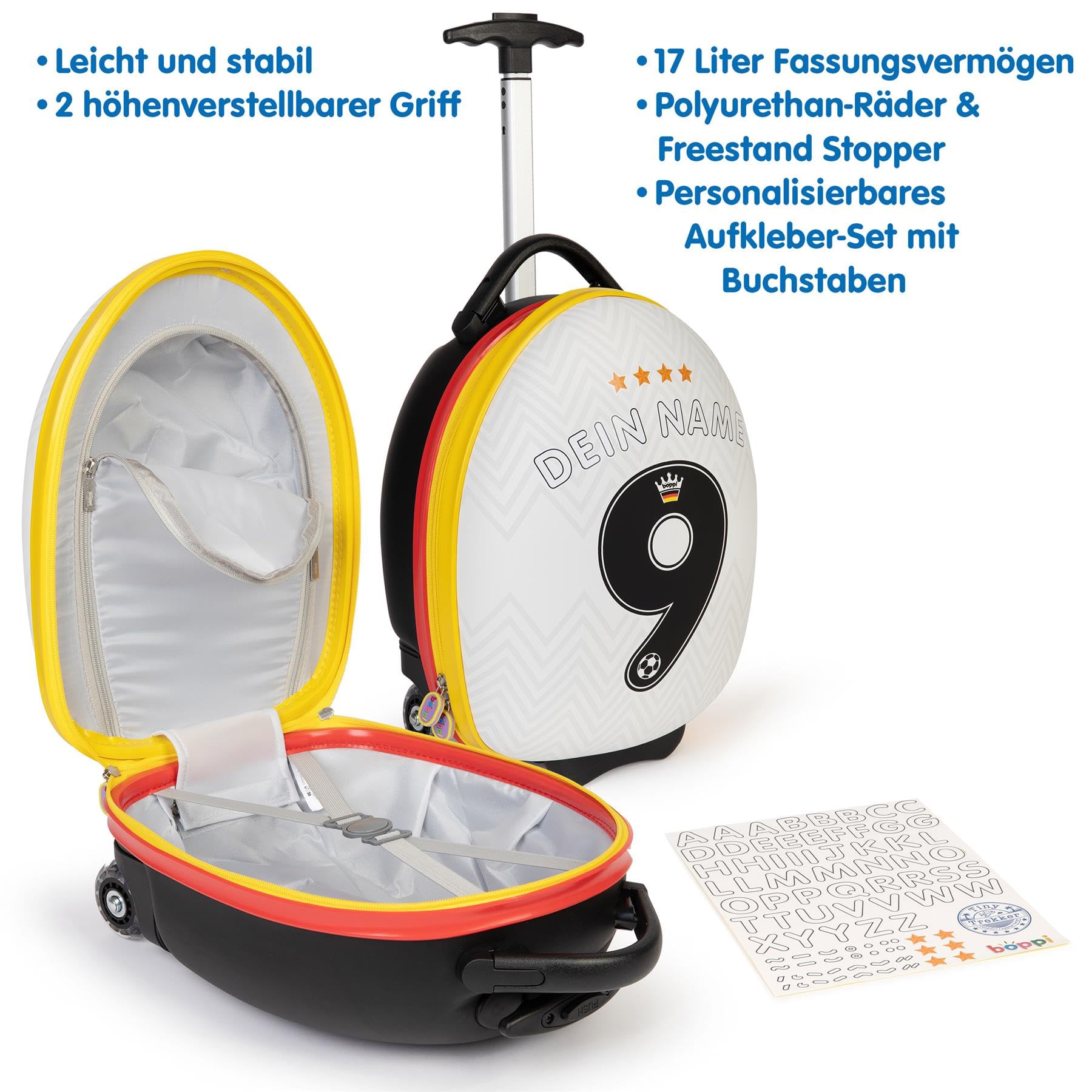 boppi Tiny Trekker Kinderkoffer mit Rollen 17L | Leichter Reisetrolley für Kinder Handgepäck Größe | Fußball Deutschland Design mit Stickern | Kinder Reisekoffer WM 2026 Weltmeisterschaft Fan Koffer