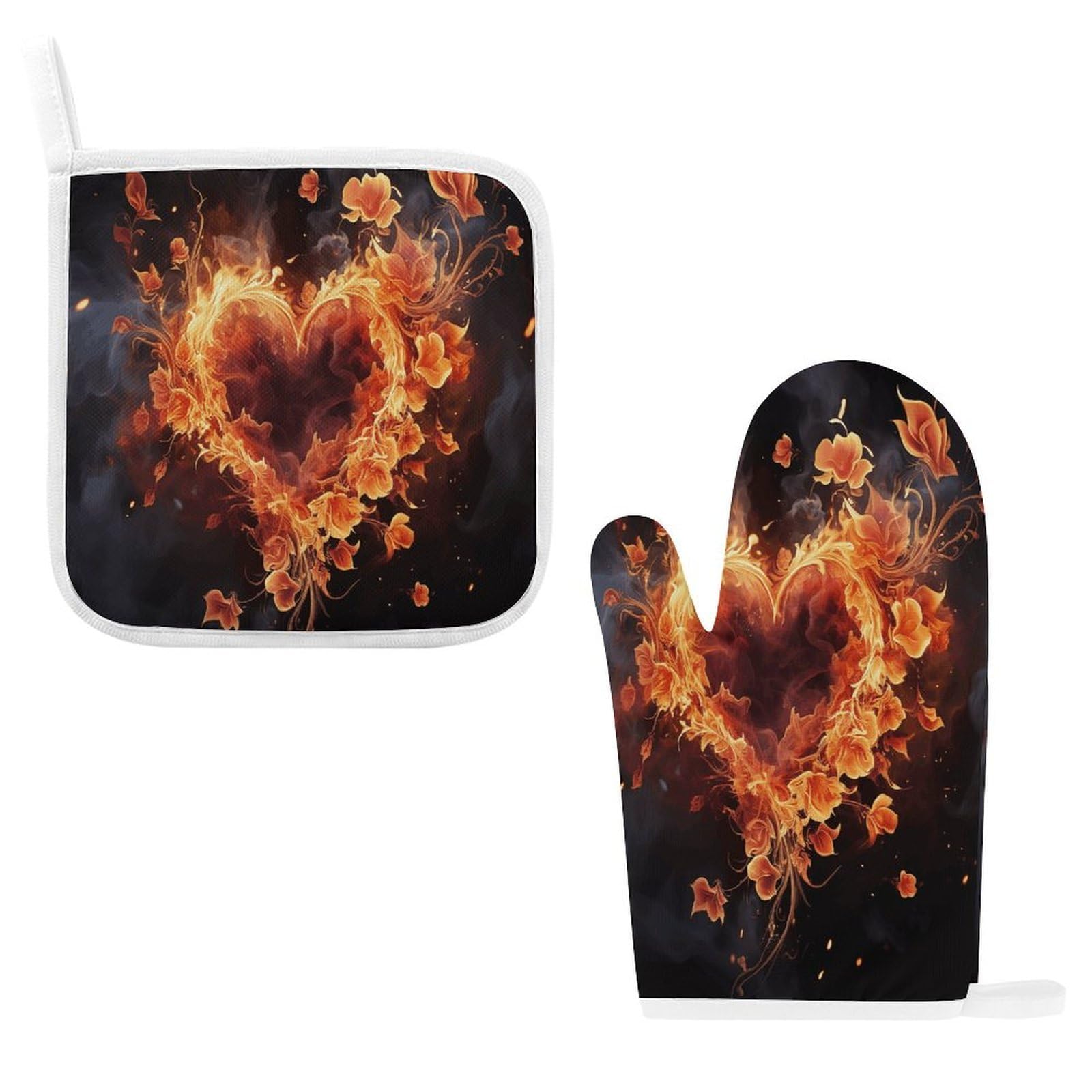 Fodpand Style Fire Flowers And Heart Oven Mitts And Pot Holders Sets