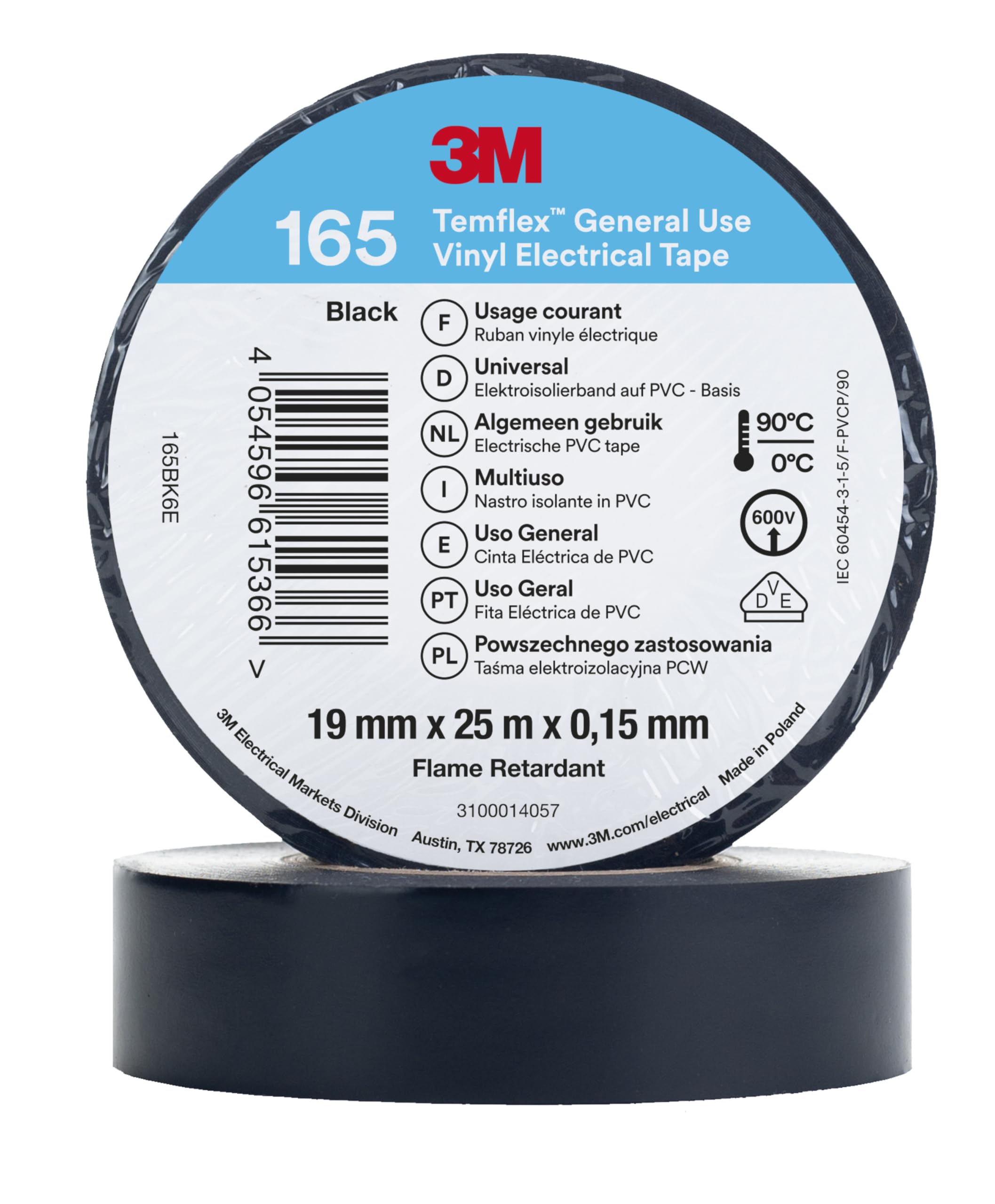 3M Vinyl Electrical Tape 165, Black, 19 mm x 25 m, 10 Roll Pack