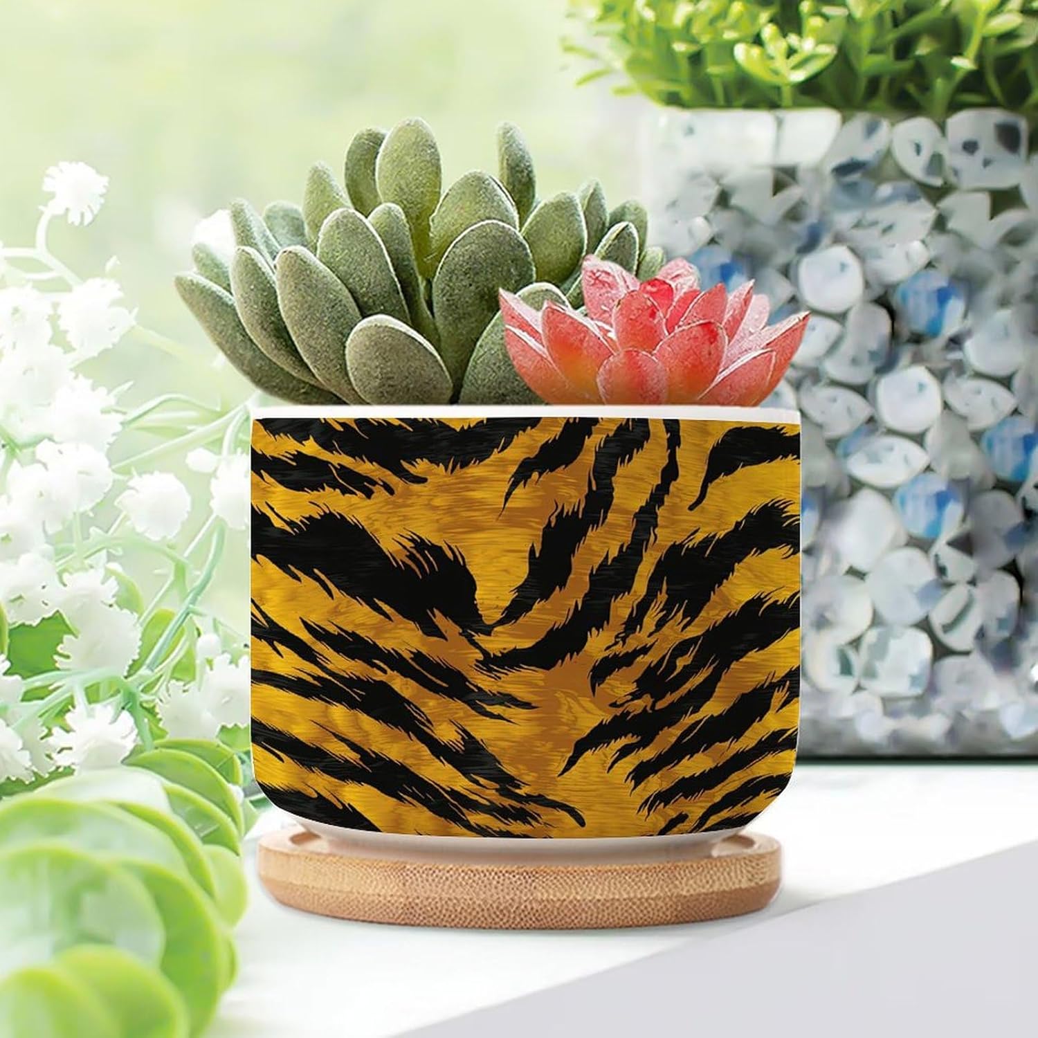 Set of 3 Animal Print Tiger Small Pot for Flowers Tiger Stripes Brown Planters Ceramics with Drainage Bamboo Trays Oriental Chinoiserie Succulents Plants Live with Pot