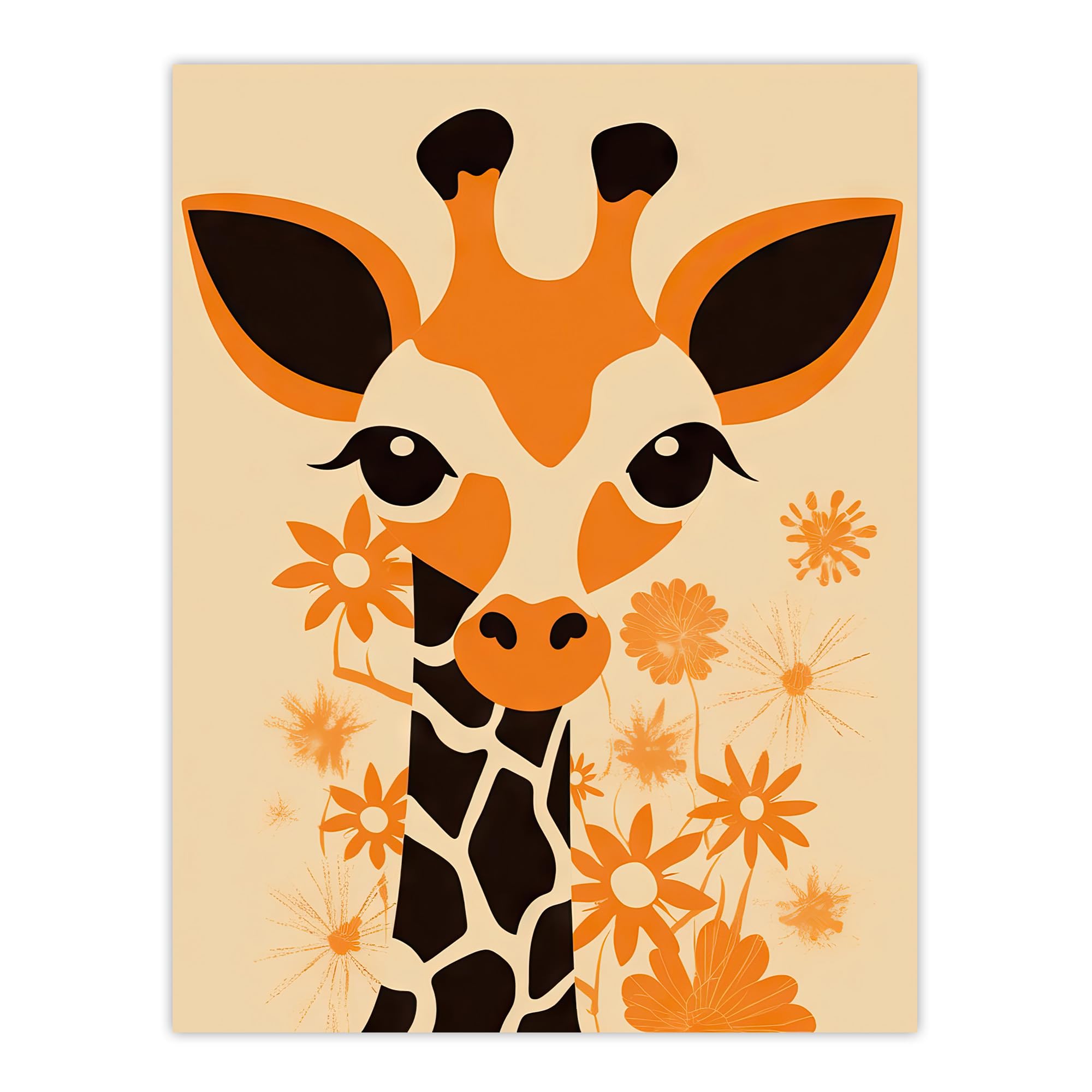 Artery8 Cute Baby Giraffe With Flowers Orange Graphic Artwork Zoo Animal Floral Kids Bedroom Painting Large Wall Art Poster Print Thick Paper 18X24 Inch