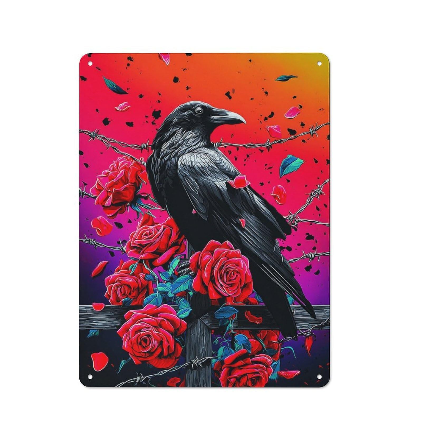 Junmoney Crow With Barbed Wire And Roses Retro Metal Wall Sign 40X30cm Featuring For Hallway Wall, For Garage, Workshop And Man Cave Decoration