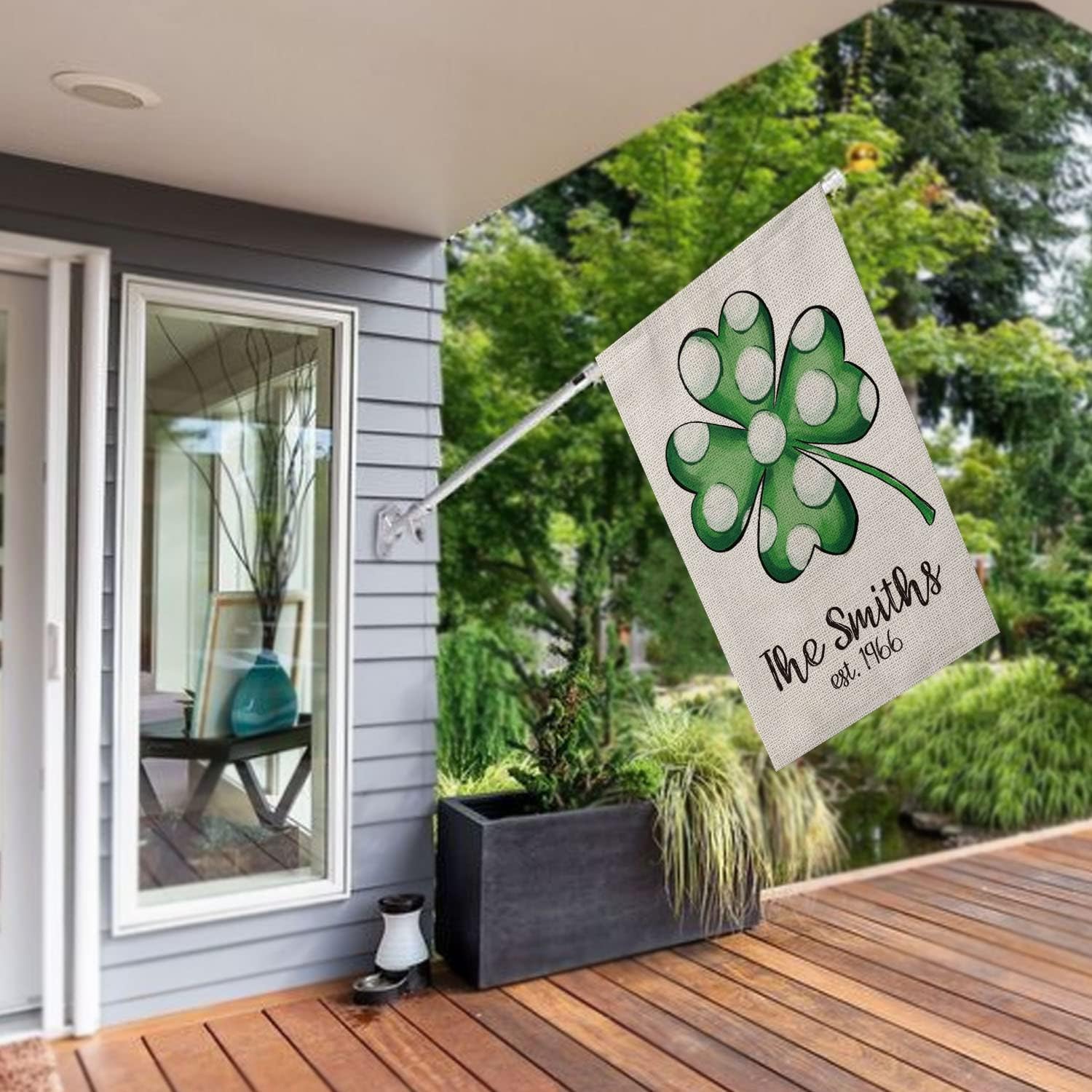 Smile Personalized St. Patricks Day House Flag, Custom Family Name and Year Speckle Shamrock, Double Sided 28 x 40 Inch Rustic Farmhouse Burlap Yard Outdoor Decoration