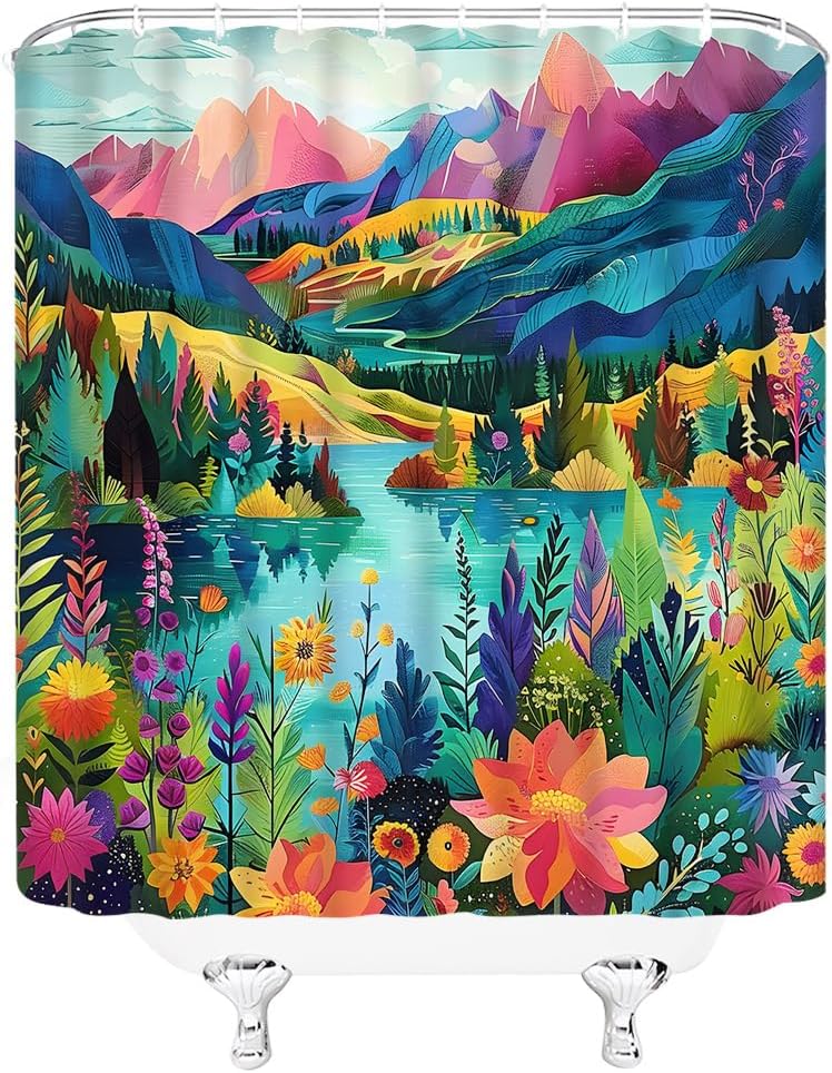 Abstract Mountain Shower Curtain Colorful Floral Leaves Lake Forest Watercolor Art Painting Nature Landscape Fabric Bathroom Decor Curtains with Hooks,70 x 80