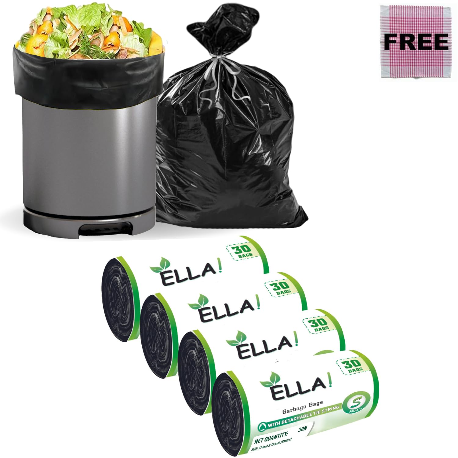 Garbage Bags 17x19 Inches (Small) 120 Bags 4 Rolls | Leak Proof & Tear Resistant Trash Bag for Kitchen Home & Commercial Use | Dustbin Bags For Dry & Wet Waste With Free Check Duster Cloth -Black