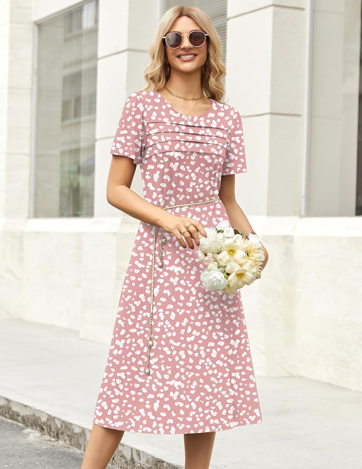 Zeagoo Womens Casual Dresses for Summer Short Sleeve Flare Midi Dress Loose Beach Sundress Pleated Front Dress with Pockets - Image 2