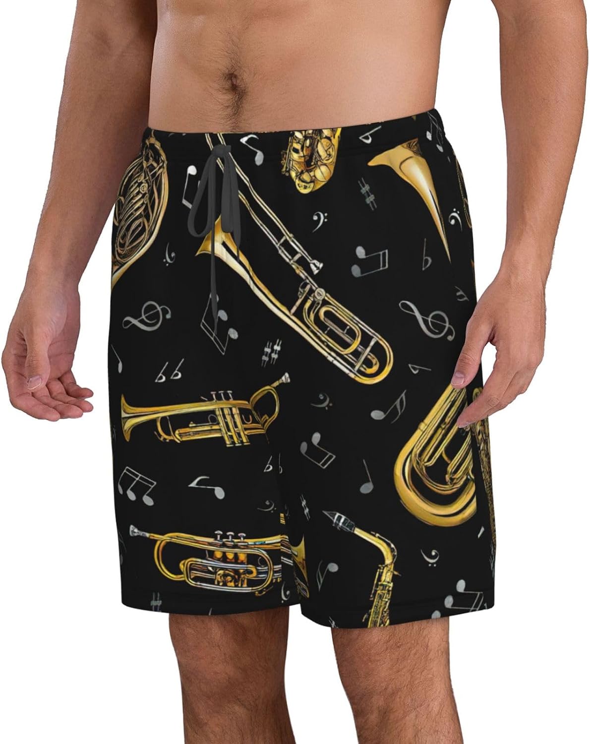WURTON Musical Instruments Print Men's Swim Trunks Quick Dry Beach Shorts with Pockets Lining Swimwear Bathing Shorts