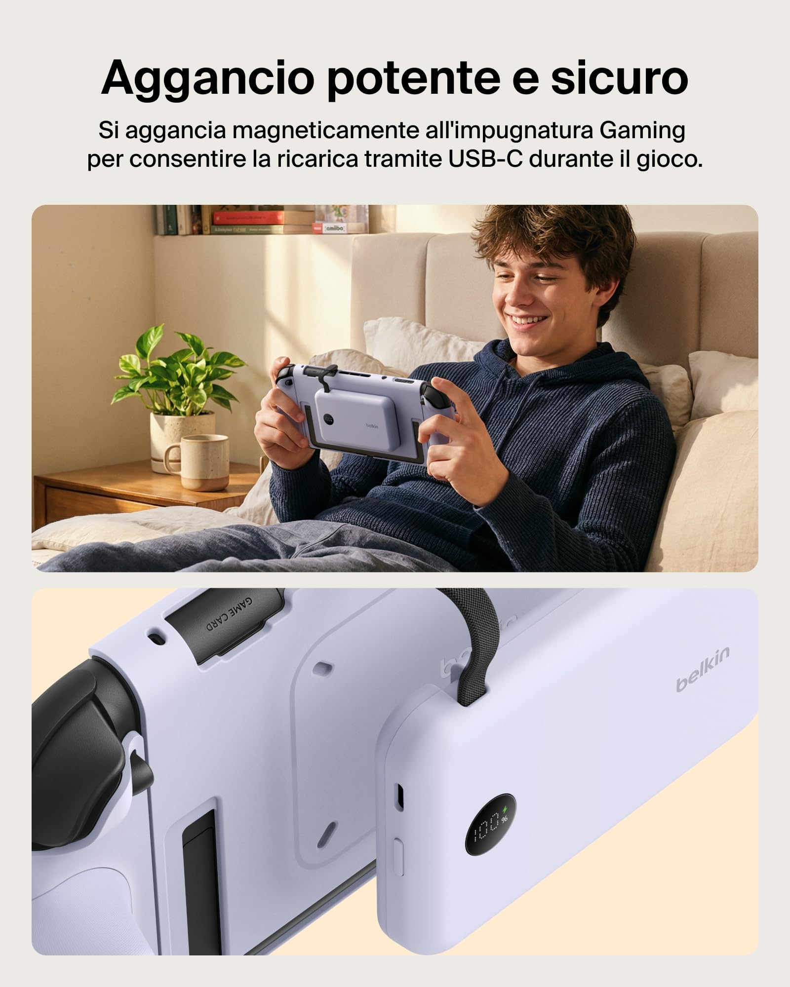 Belkin Gaming Impugnatura Ricarica Nintendo Switch 2, Power bank 10K, Viola | Caricatore Portatile 10000mAh, 30W, Caricatore Magnetico, Compatibilità Supporto, Maniglia Antiscivolo Ergonomica, Display