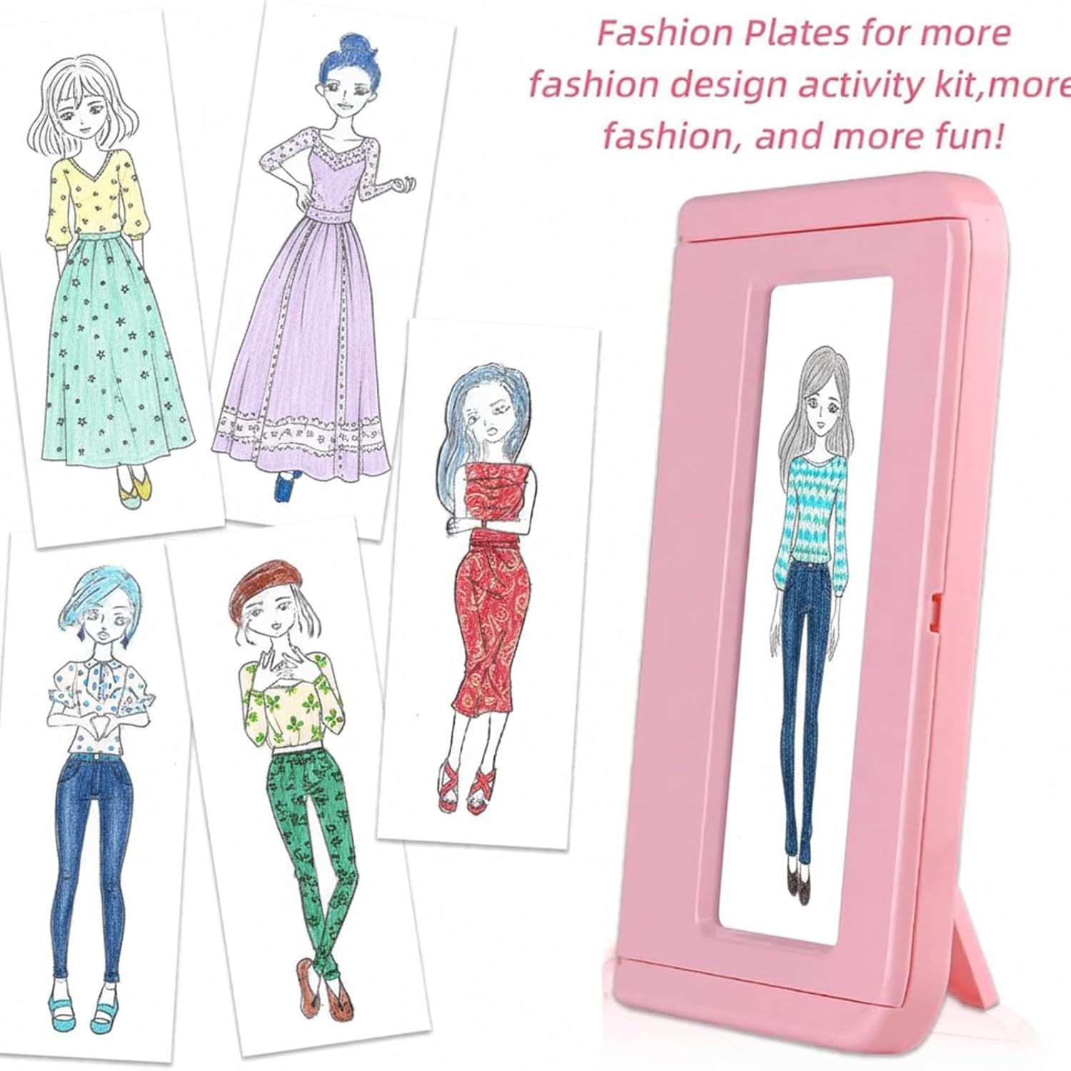 Pink Fashion Design Drawing Kit for Girls, 15 Double-Sided Rubbing Plates with Crayons, Colored Pencils, Paper & Display Frame, DIY Arts and Crafts Sensory Activity, Creative Gift for Kids Ages 3+