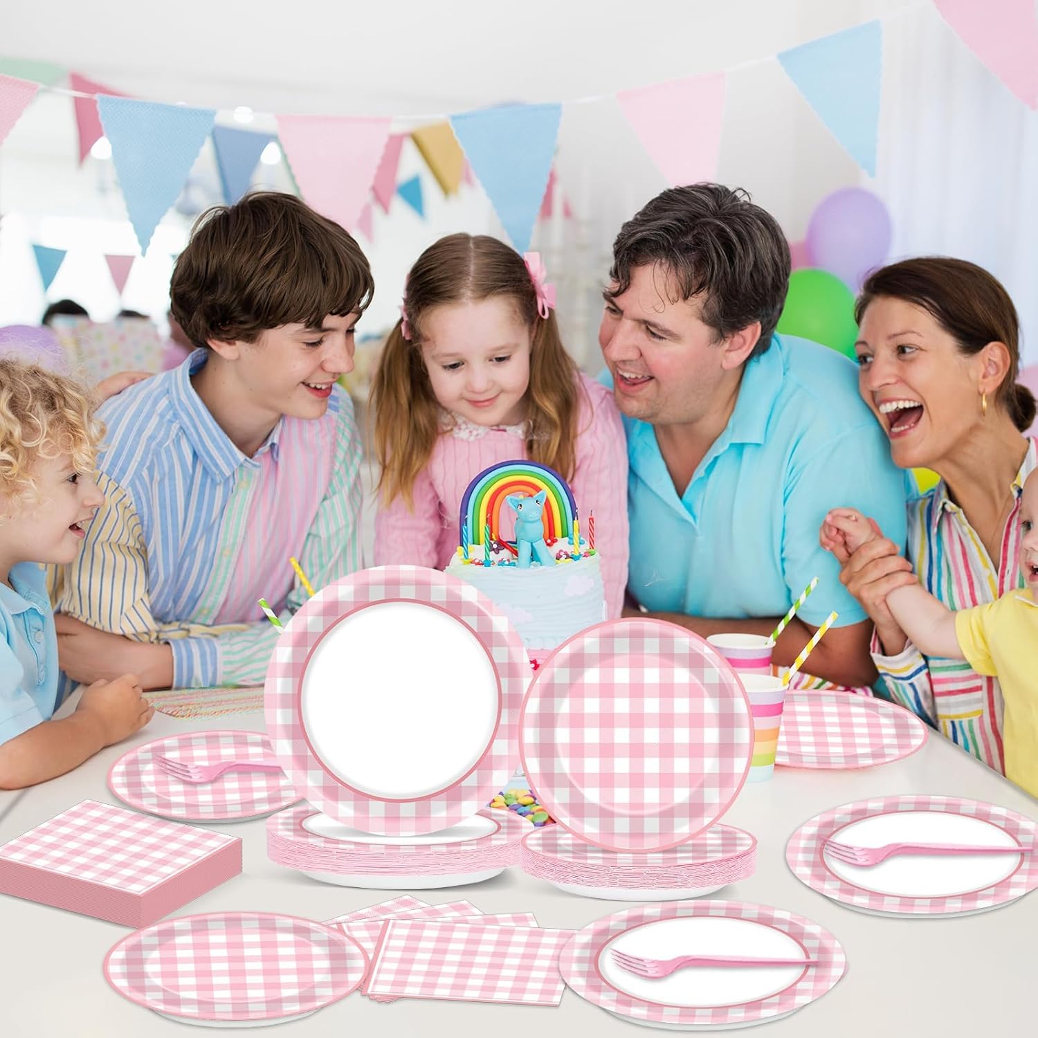 200 PCS Pink Checkered Tableware Disposable Pink And White Checkered Party Supplies Dinnerware Set Plaid Plates Outdoor Supplies Girls Barbecue Picnic Birthday Party Decoration Serve 50 guest