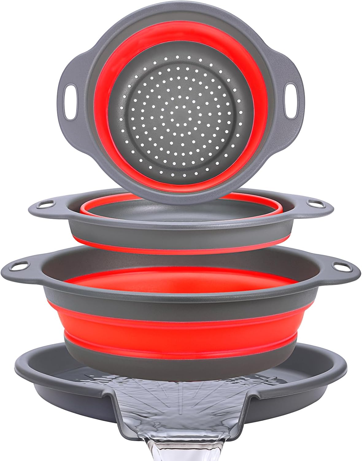 Collapsible Colander Set with Universal Draining Tray | 3-Pack Foldable Kitchen Strainers + Base | Space Saving for Pasta, Veggies, Fruit & Rice | 5 Colors (Gray-Red) Collapsible Colander Set with Universal Draining Tray | 3-Pack Foldable Kitchen Strainers + Base | Space Saving for Pasta, Veggies, Fruit & Rice | 5 Colors (Gray-Red)