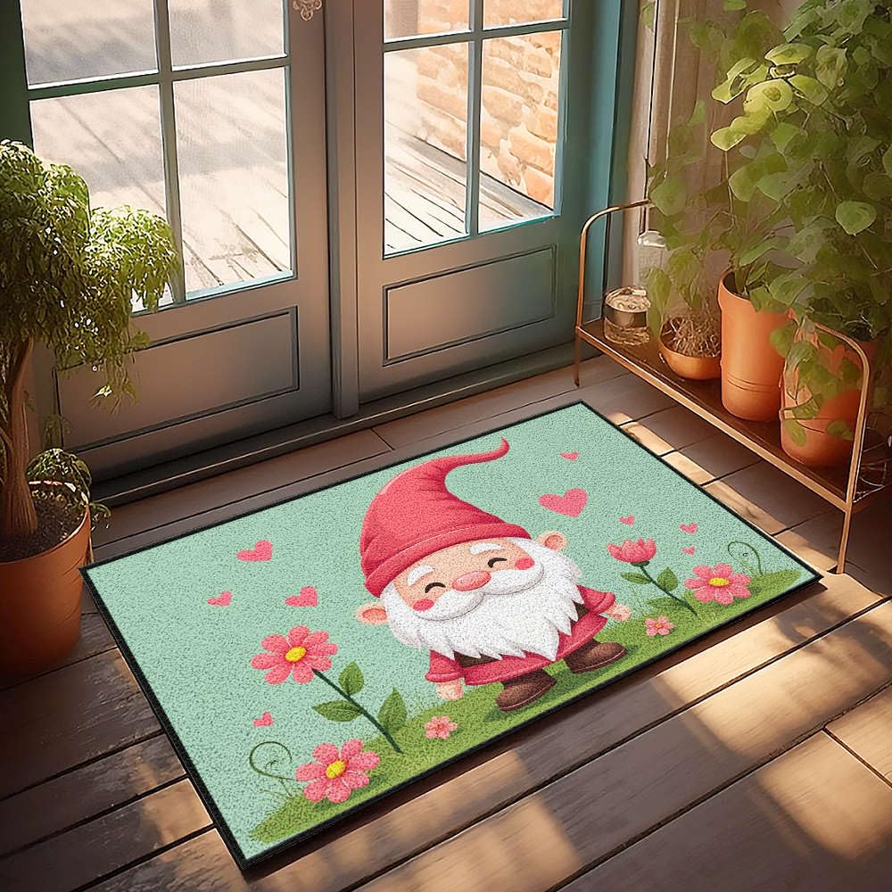 Paillasson gnome joyeux et fleurs pour sublimer votre entrée extérieure de terrasse