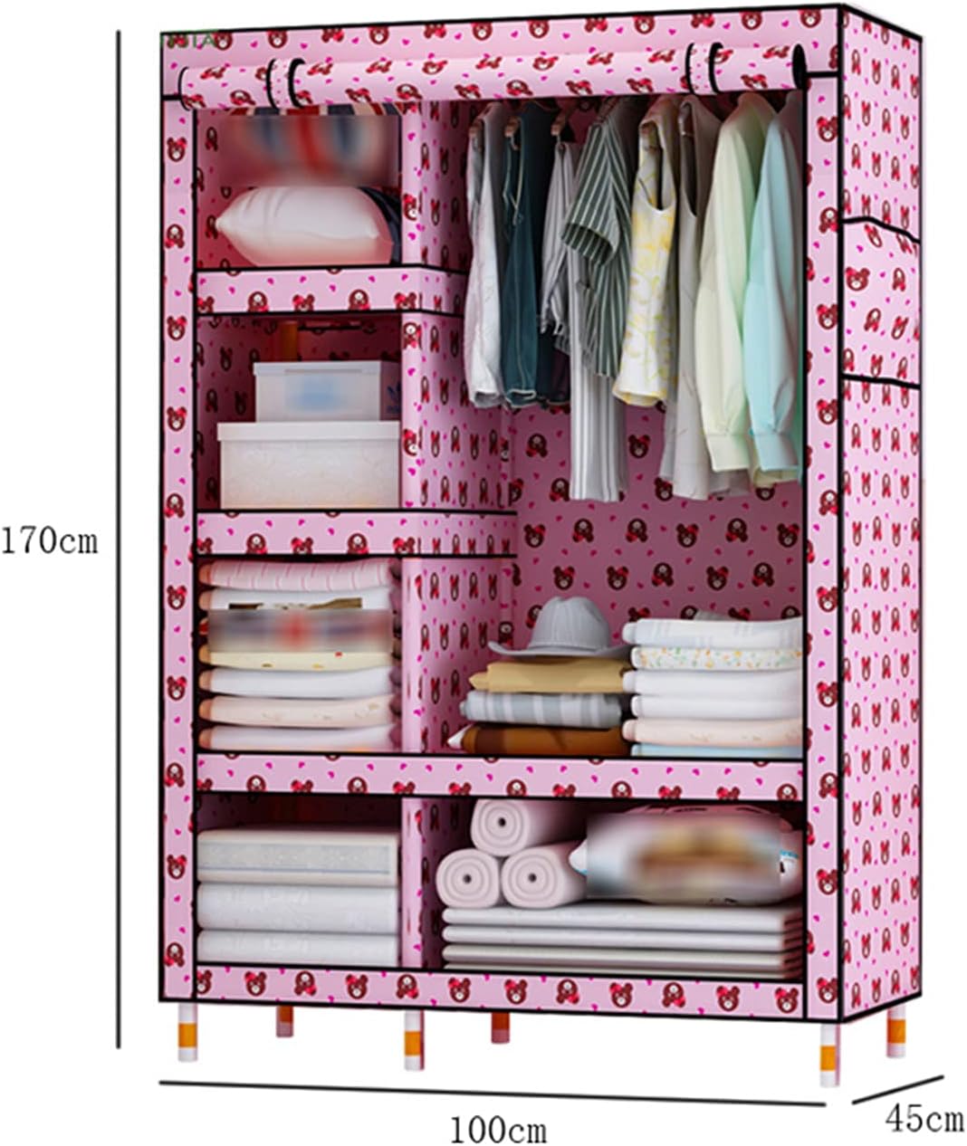 Pink Wardrobe, Simple Fabric Canvas Cupboard Large Bedroom Storage Organizer Multifunction Clothing Organizer Shelves with Side Pockets(Size:170 * 100CM) (Pink 170 * 100CM)