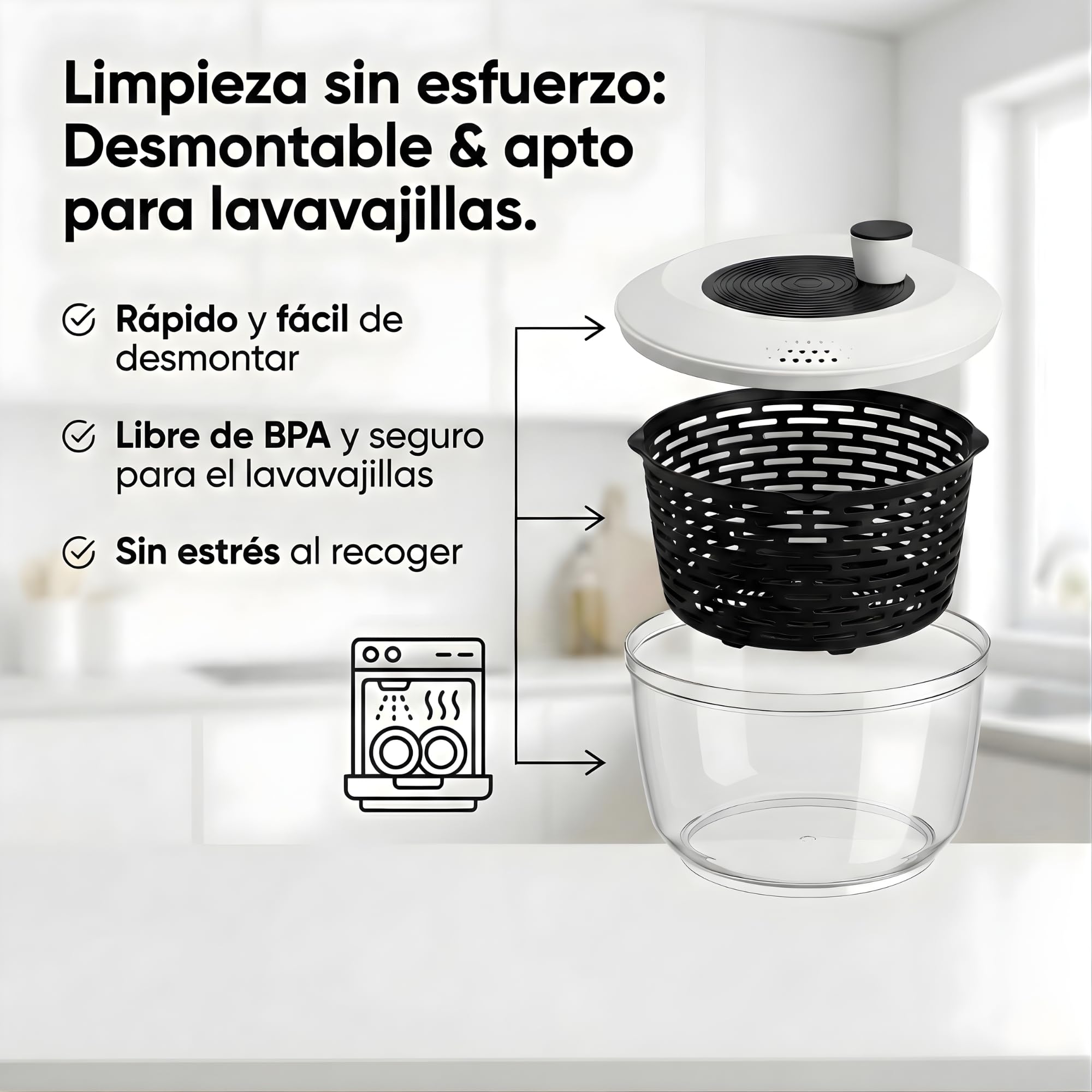 Centrifugadora de ensalada Premium 5 L – 60 días sin riesgo – 2 en 1 antideslizante: centrifugadora + bol – Ø 24,5 cm – libre de BPA – lavavajillas – para secar ensalada/lechuga – eBook incluido
