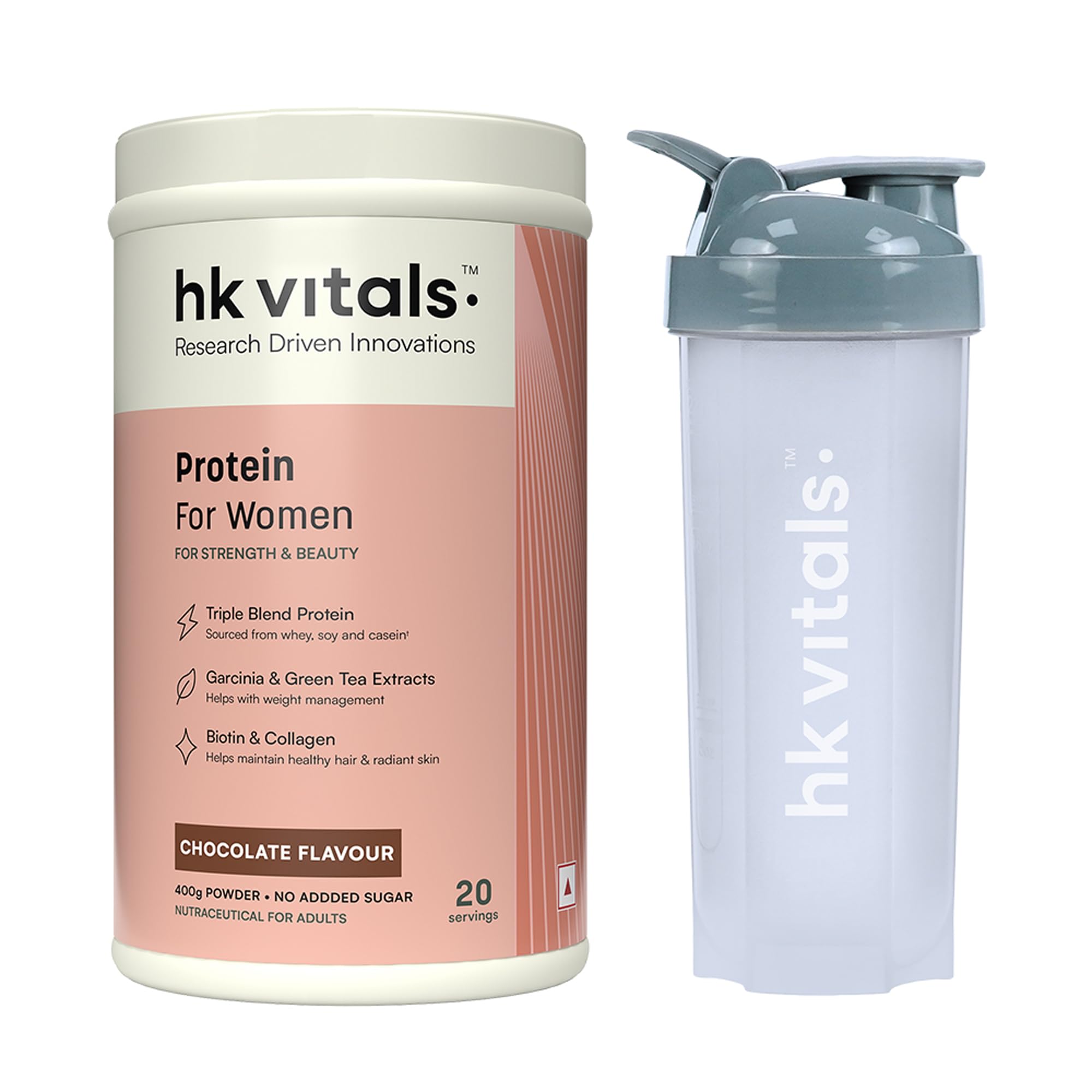 HealthKart HK Vitals ProteinUp Women (Chocolate, 400 g) with 600 ml Shaker, for Strength and Beauty (Combo Pack)
