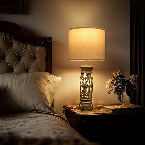 Miniatura 2 de BOBOMOMO Juego de 2 lámparas de mesa rústicas de 27.25 pulgadas, lámparas de noche vintage con luz nocturna y puertos USB A+C, lámparas retro para