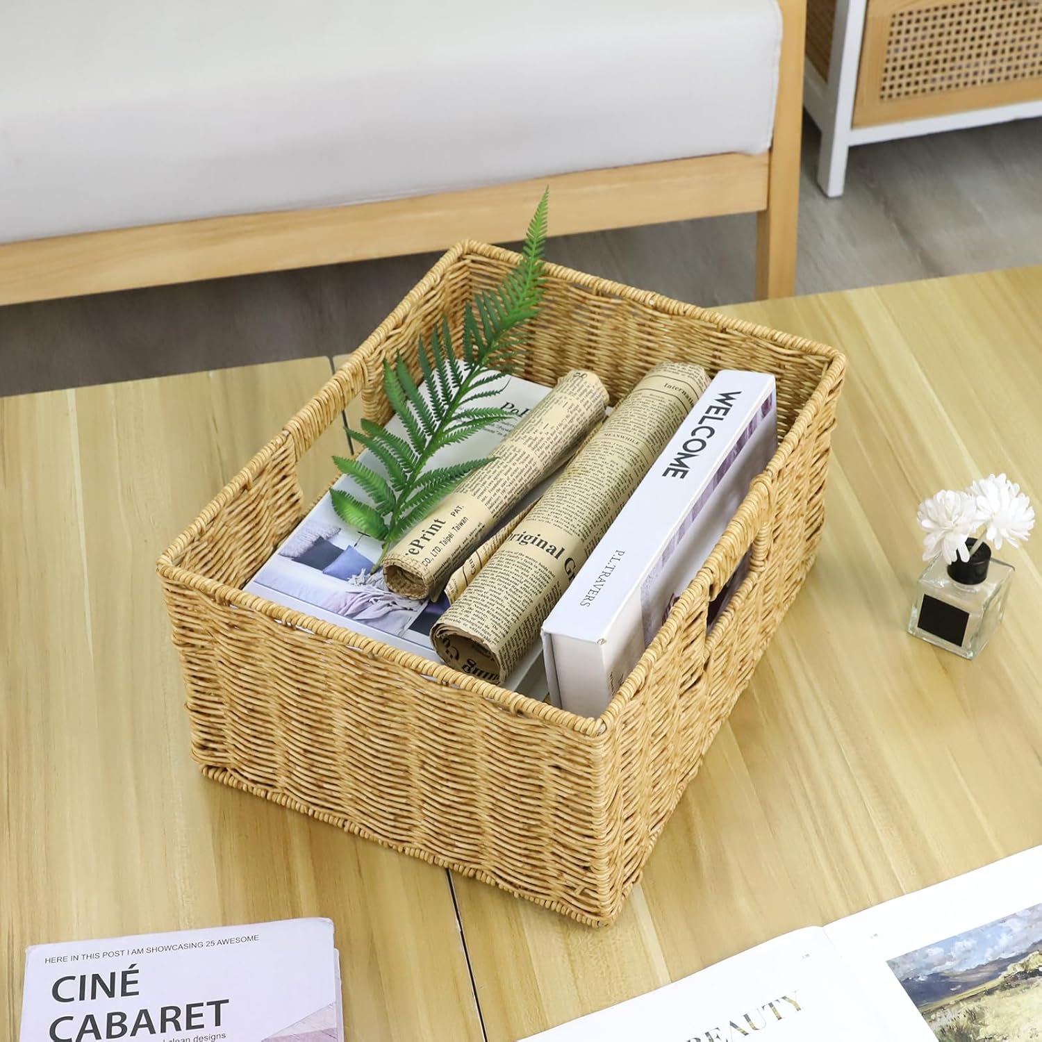 Wicker Hand-Woven Storage Baskets for Organizing Cube Storage Bins Organizer 13.39×10.24×6.3Inch Square Wicker Storage Baskets for Shelves Pantry Decor