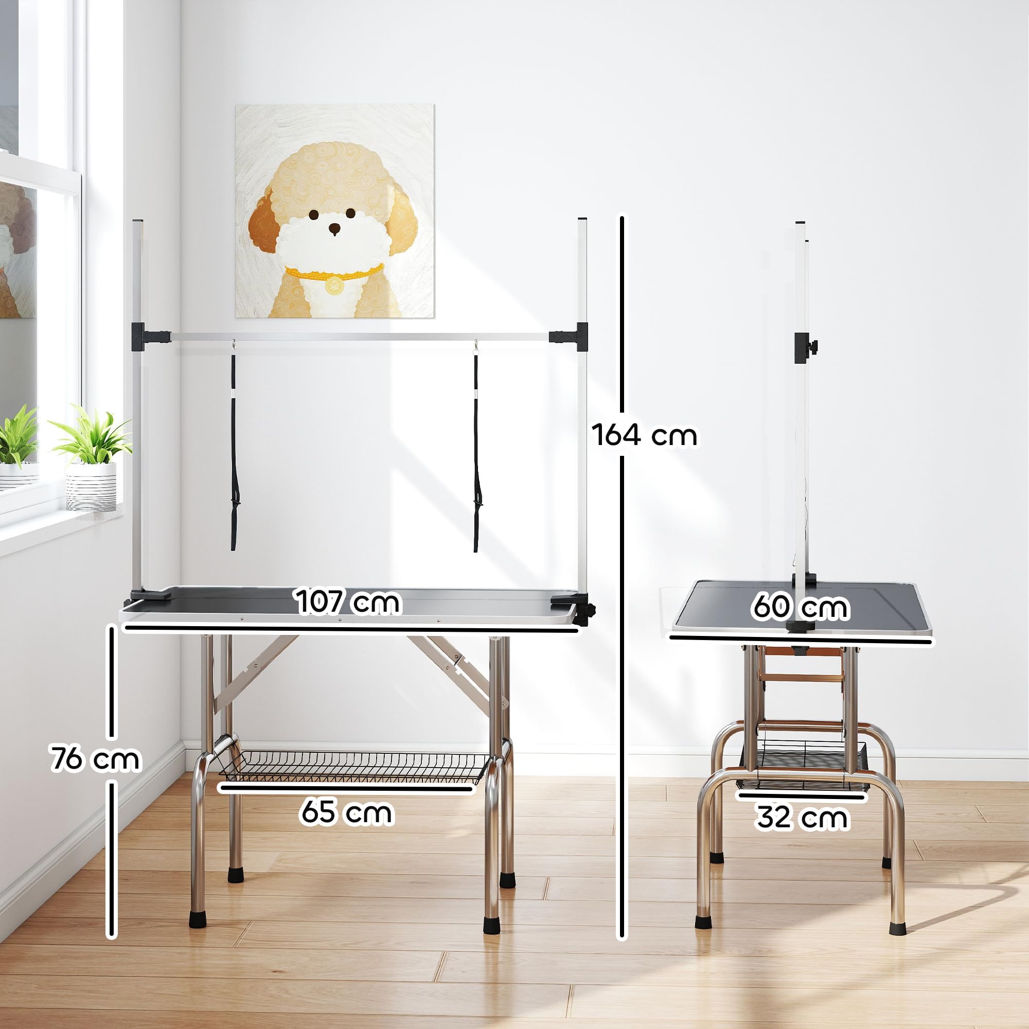 PawHut Tavolo da toelettatura per animali domestici Tavolo da toelettatura pieghevole con portaoggetti Telaio in acciaio Altezza regolabile 20-80 cm 107x60x170 cm Nero